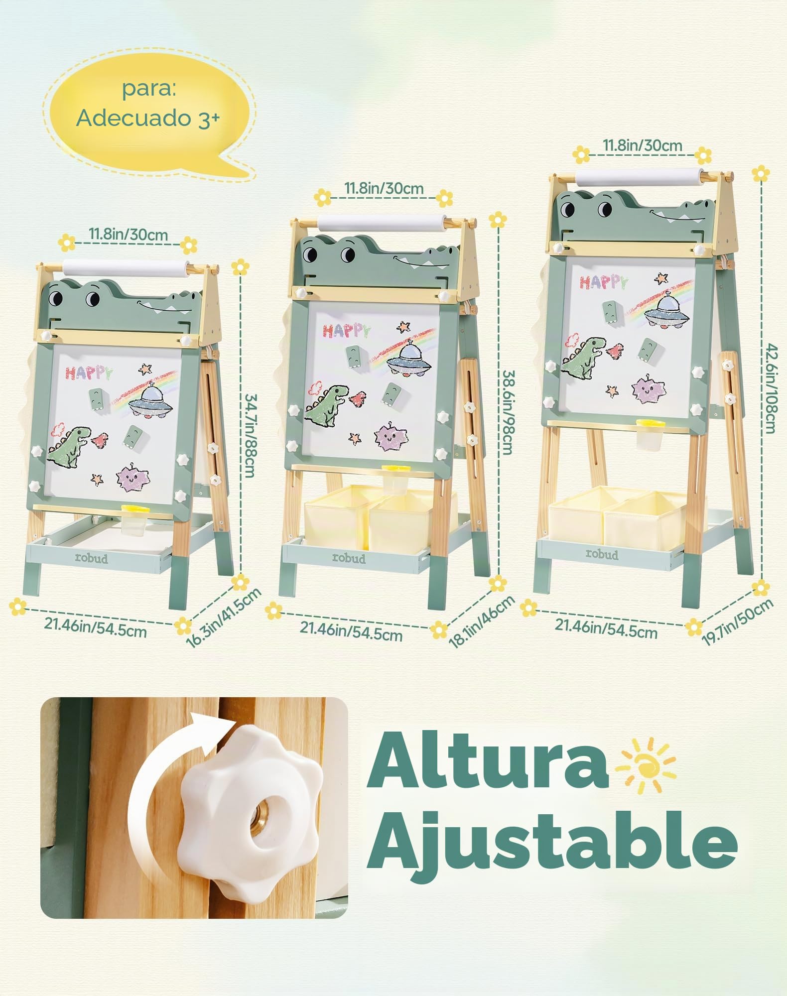 ROBUD Caballete de madera para niños, pizarra blanca de doble cara y pizarra con rollo de papel, tablero de dibujo ajustable en altura con imanes, macetas de pintura, bandeja de almacenamiento, diseño
