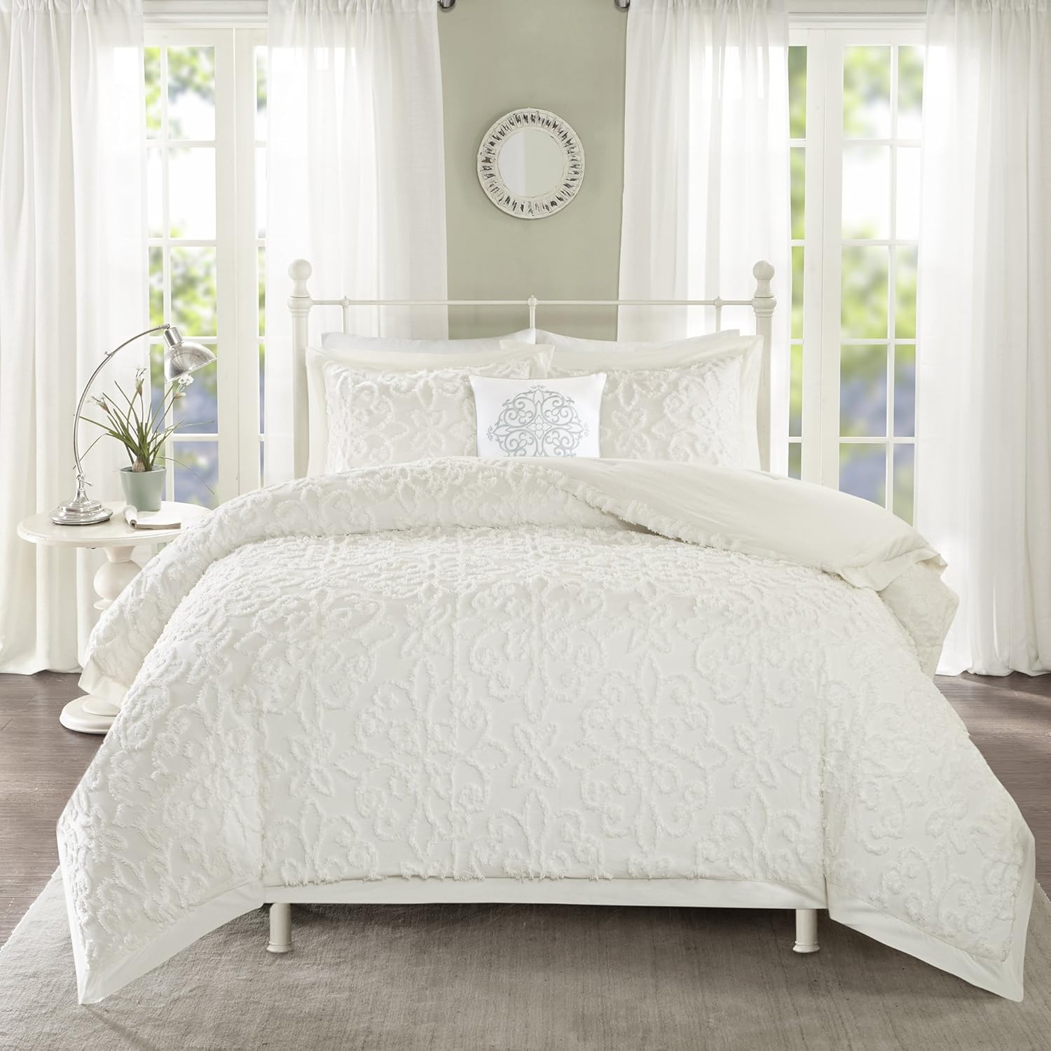 Madison Park Tufted Chenille Cotton Comforter, All Season Bedding Set, Matching Shams, Sabrina Shabby Chic, Medallion Off White Full/Queen(90"x90") 4 Piece