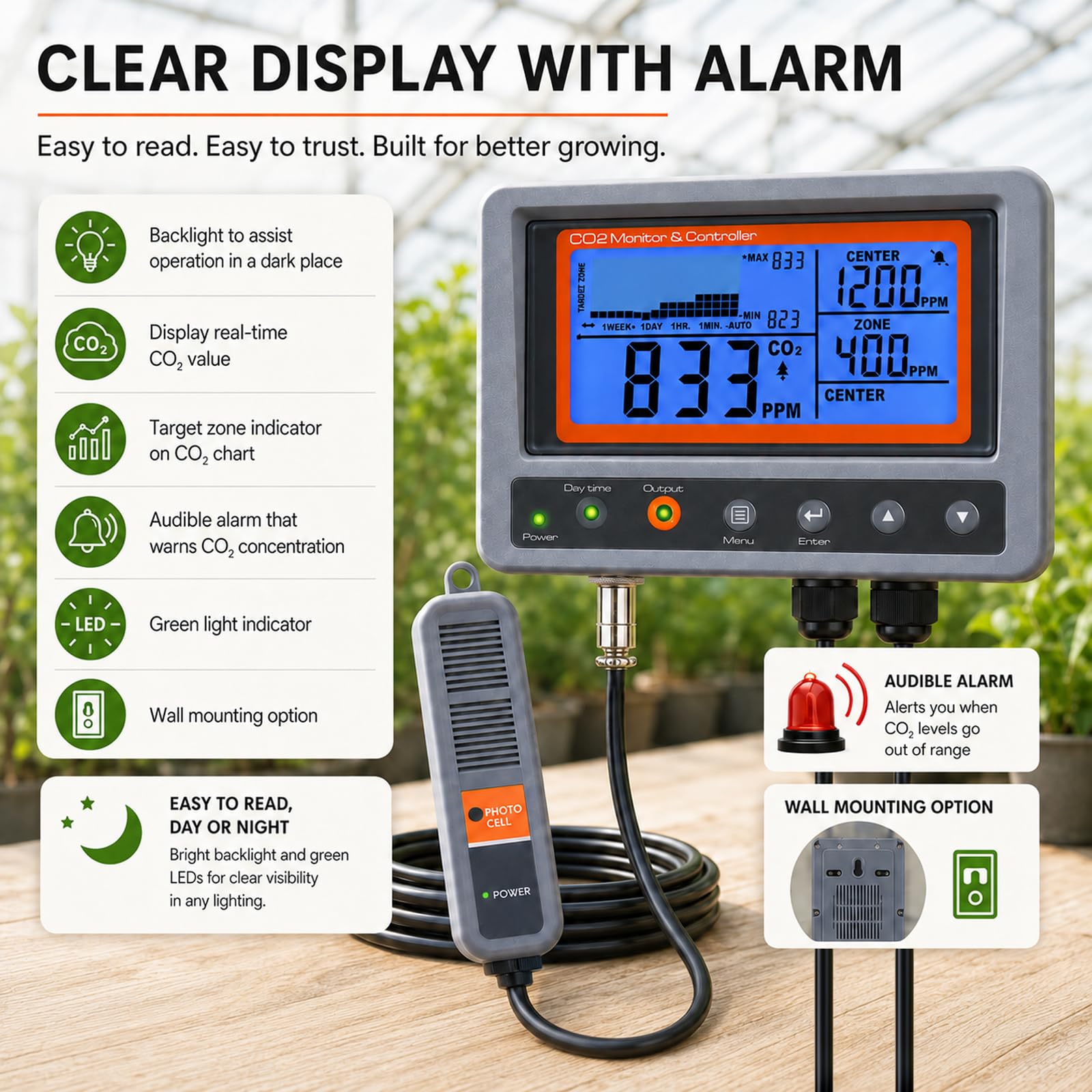 CO2-Controller Kohlendioxid-Controller CO2 Meter Monitor mit Relais-Funktion 4,5m Kabel NDIR Kohlendioxid-Sensor-Sonde für Grow-Raum, Pflanze, Grow-Zelt, Gewächshaus, Garten, Indoor