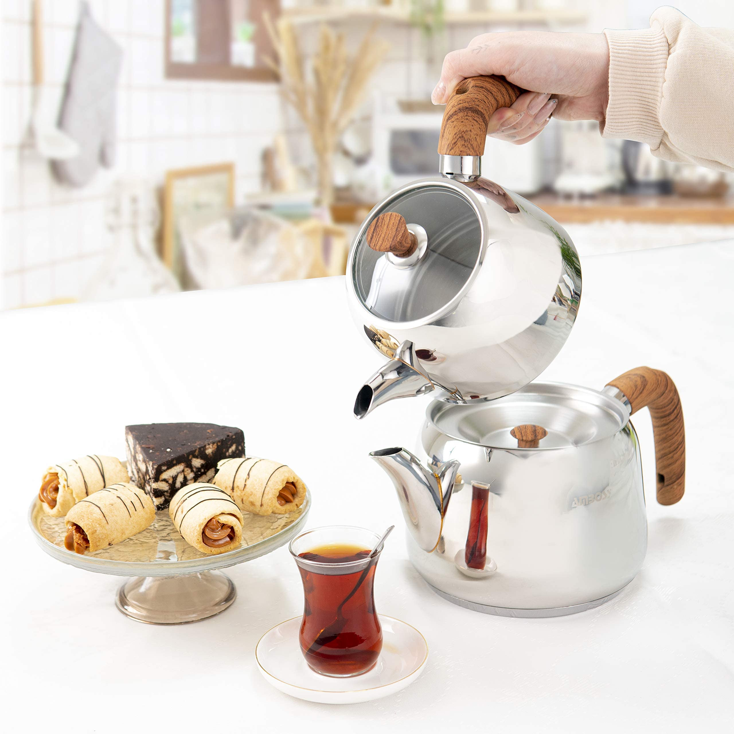 Amboss Turkish Teapot Set with Steam Lid 4 PCS Stainless Steel Wood
