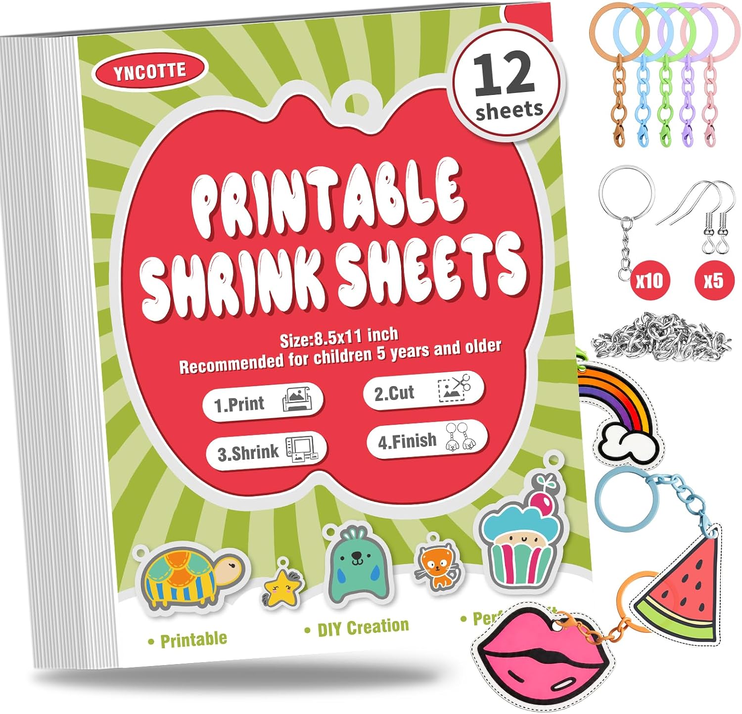 Yncotte 12Pcs Printable Shrink Paper, Plastic Shrinky Dink Sheets Set with Key Rings & Earring Accessories for Kids Easter Ornaments Mother’s Day Gifts DIY Art (8.5x11, 6 Semi-Transparent/6 White)