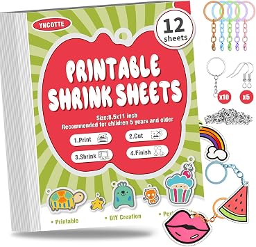 Yncotte 12Pcs Printable Shrink Paper, Plastic Shrinky Dink Sheets Set with Key Rings & Earring Accessories for Kids Easter Ornaments Mothers Day Gifts DIY Art 8.5x11, 6 Semi-Transparent/6 White