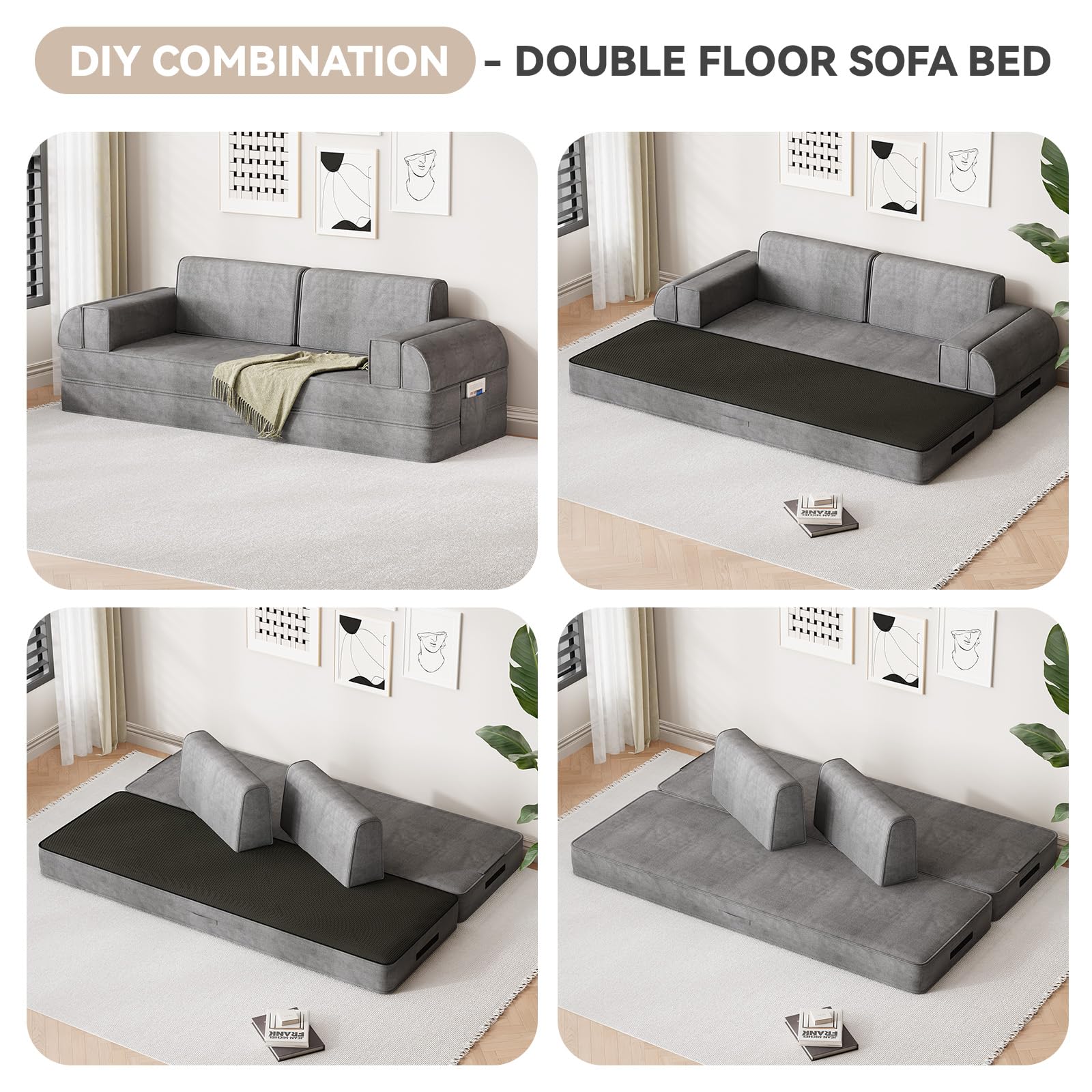 79" Convertible Sleeper Sofa Bed, Loveseat Boneless Couch, Dark Grey | Folding Floor Mattress with Removable Pillows Armrests Side Pockets, Fold Out Lounge Against The Wall for Living Room Bedroom