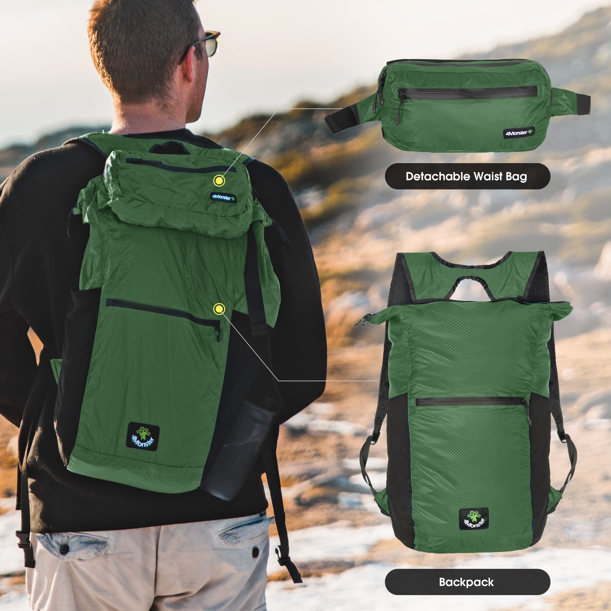 4Monster Zaino da escursionismo, 2 in 1, impermeabile, leggero, portatile, per viaggi, campeggio all'aperto, Verde militare, 32L, Zaini Daypack