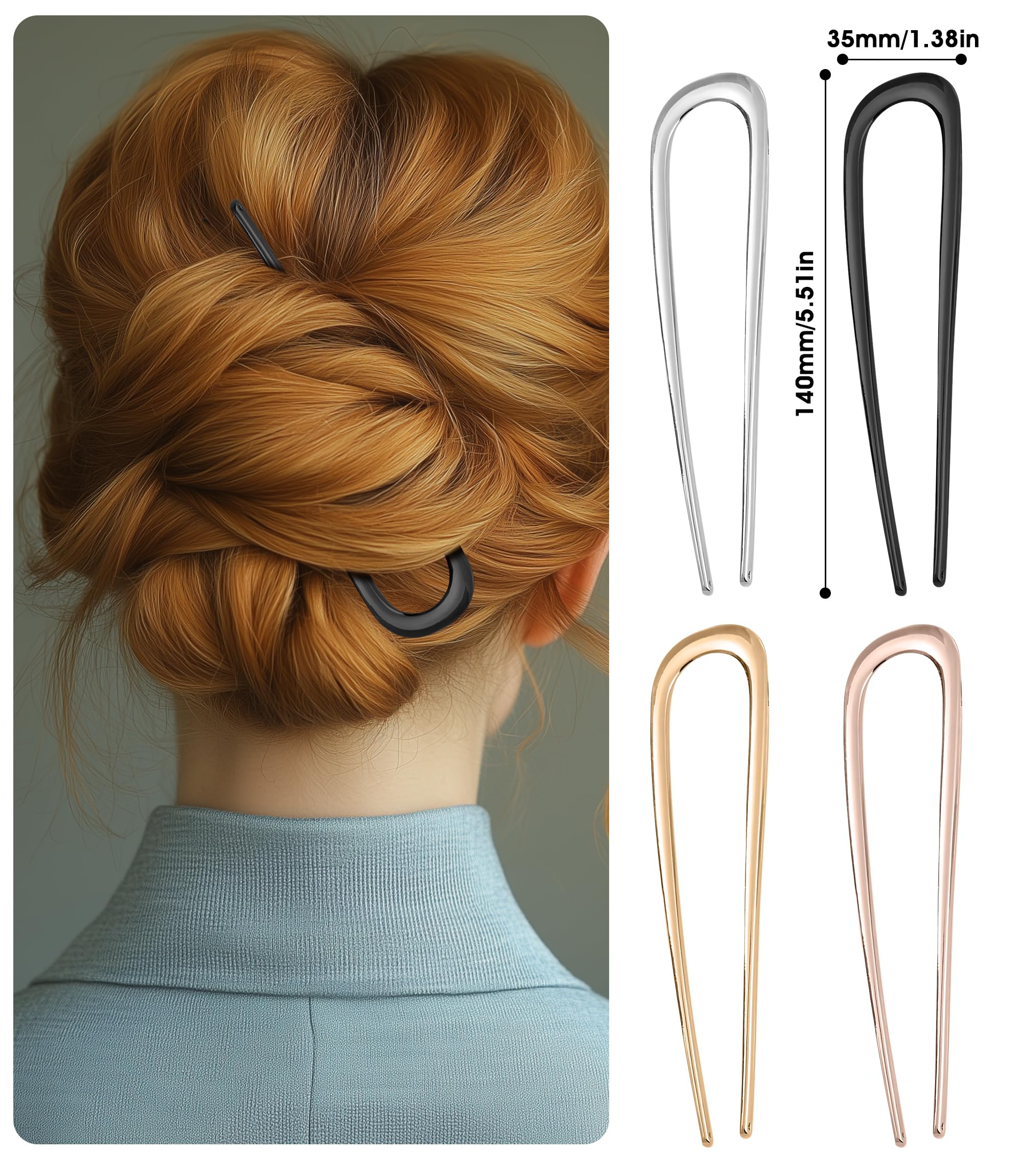 4 horquillas francesas de 14 cm, de metal, horquilla francesa, horquilla francesa, horquilla en forma de U, horquilla grande para el pelo, pinzas francesas, para mujeres y niñas, dorado, plateado,