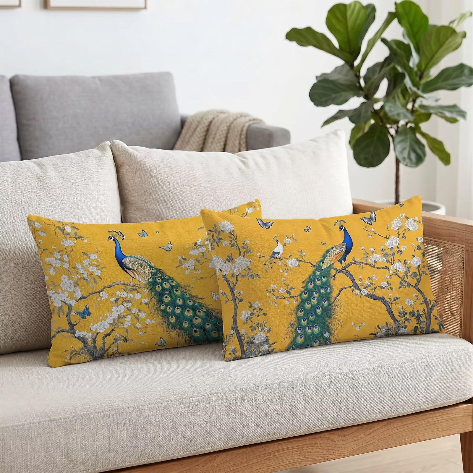 Paon Taie Oreiller 70x90 Housse Coussin Lin Jaune Lot de 2, Taies d'oreiller Luxueuse Rafraîchissante, Housse de Coussin Exterieur Impermeable, Coussin Decoratif pour Canapé, Salon, Coucher S6-726