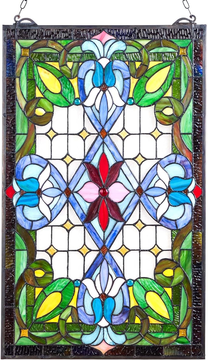 VEVOR Tiffany Style Stained Glass Window Panel 17x29 in - Hanging Vintage Rectangle Transom with Chain for Home Kitchen Decor