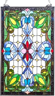 VEVOR Tiffany Style Stained Glass Window Panel 17x29 in - Hanging Vintage Rectangle Transom with Chain for Home Kitchen Decor