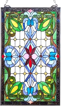VEVOR Stained Glass Window Panel, 17 x 29 in, Tiffany Style Hanging Transom Window Panel with Chain, Large Vertical Rectangle Stain Glass, Vintage Traditional Art Handcrafts for Kitchen Home Decor