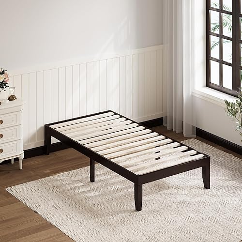 Miniatura 45 de Giantex Base de cama de plataforma de madera matrimonial de 14 pulgadas, base de colchón de estilo minimalista con madera de goma maciza, soporte de