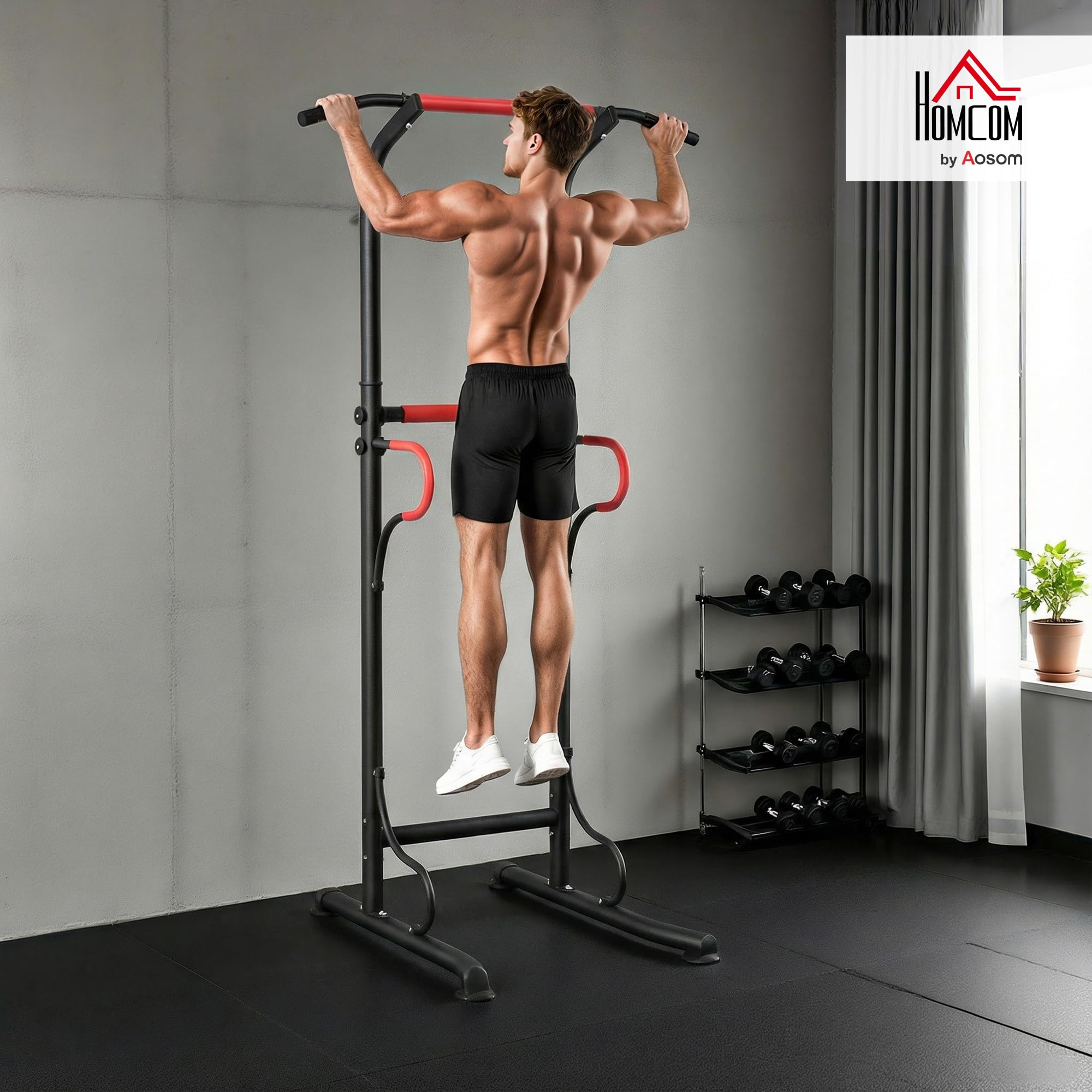 HOMCOM Power Tower Dip Station, Barra per Trazioni Power Tower Stazione Fitness Multifunzione con Altezza Regolabile 171-219cm, Nero Rosso