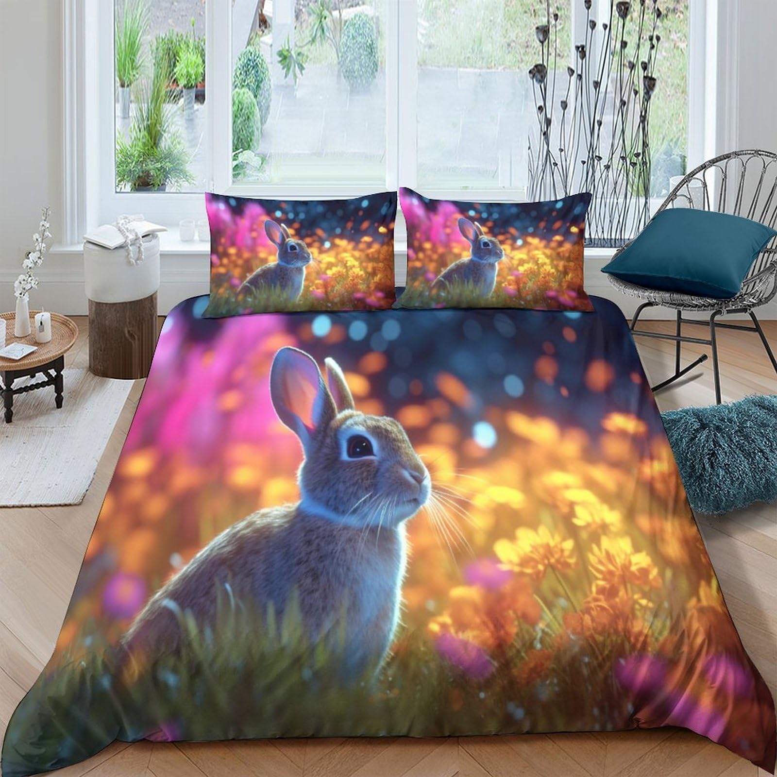 Housse de couette lapin 3D anti-acarien pour literie deux personnes saine