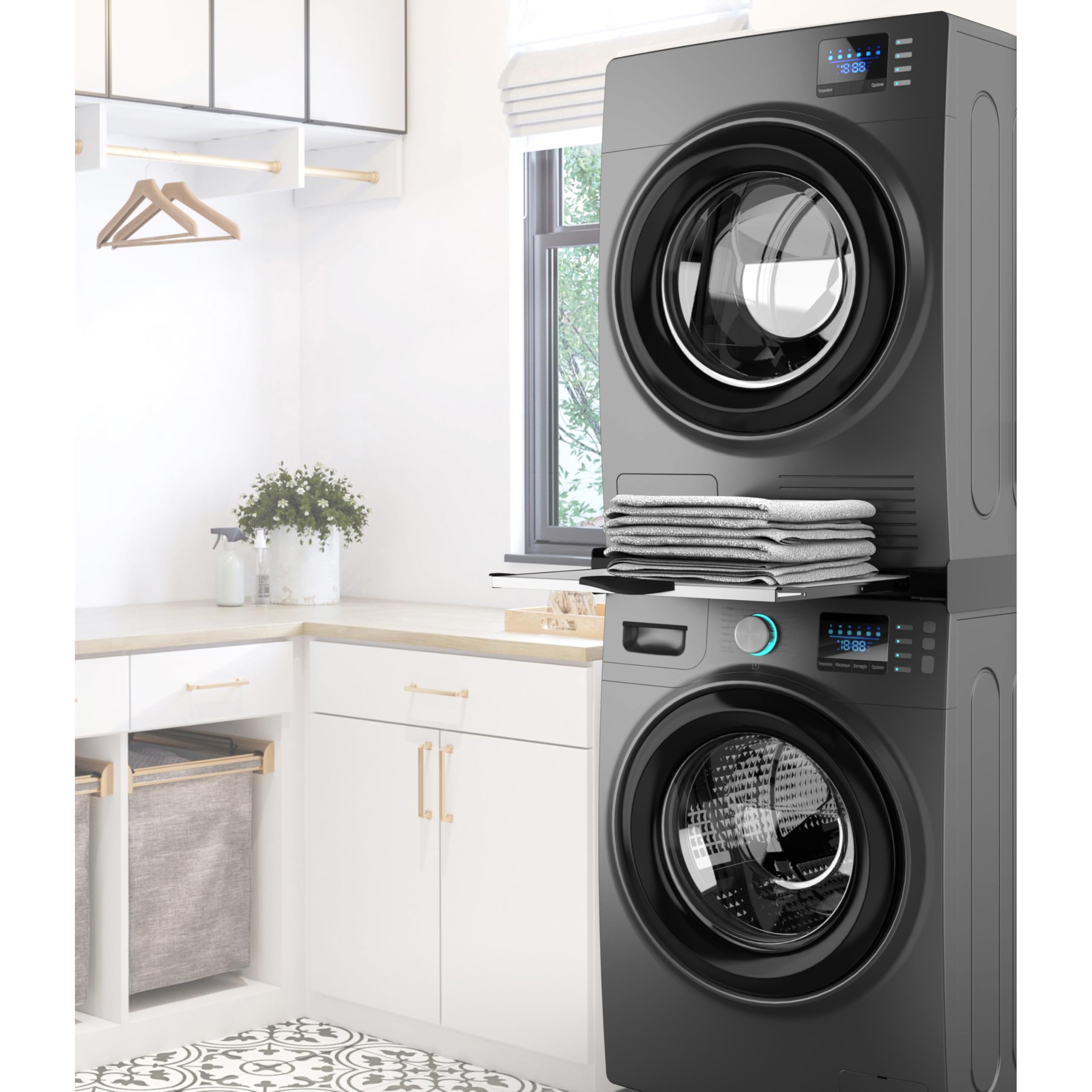 Meliconi - Kit de superposición universal negro + estante deslizante de madera TORRE DARK para lavadora y secadora