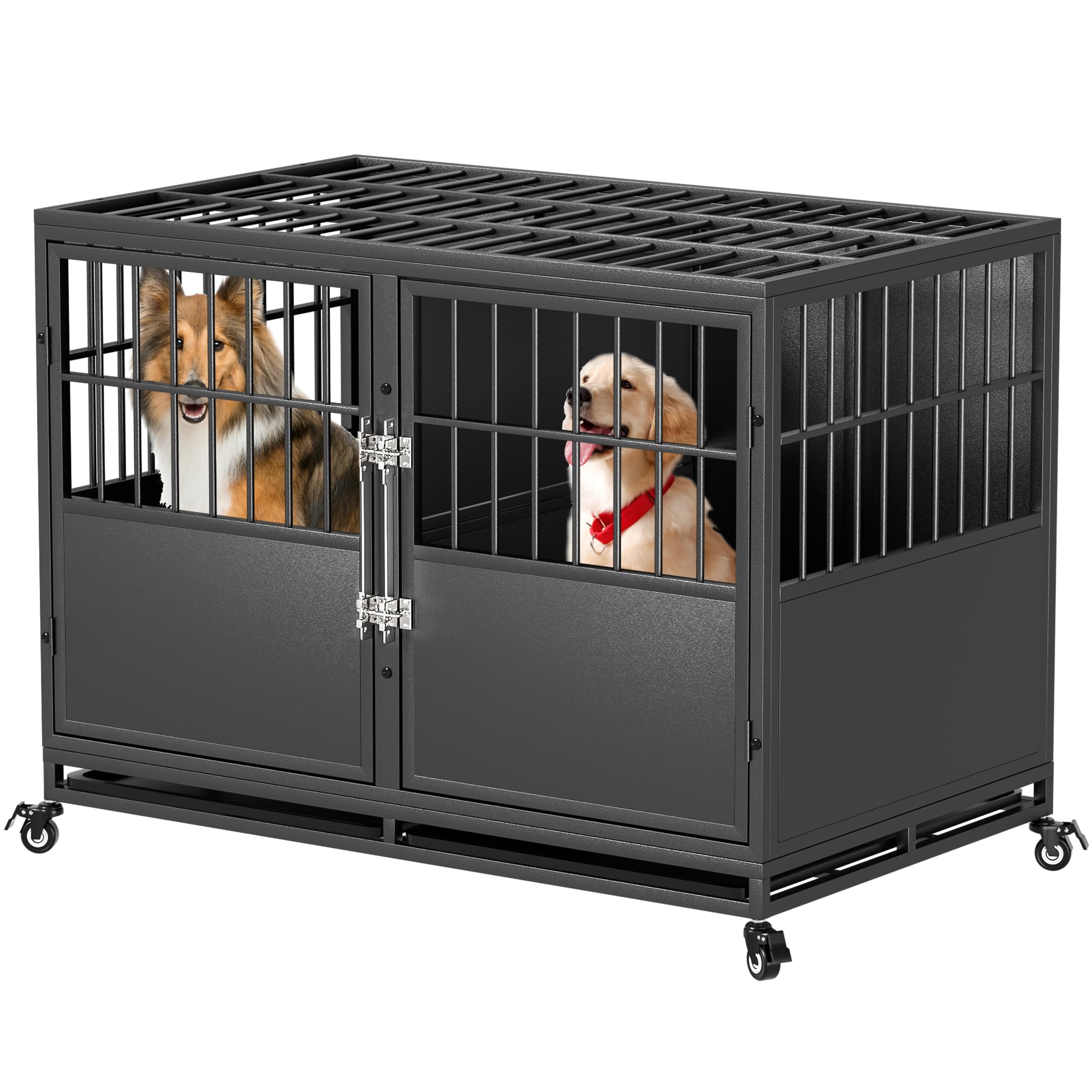 REXWELTEN 48 inch Stackable Heavy Duty Dog Crate with Divider, Metal Indestructible Anxiety Dog Kennel for Two Small or One Large Dogs, Chew Proof Pet