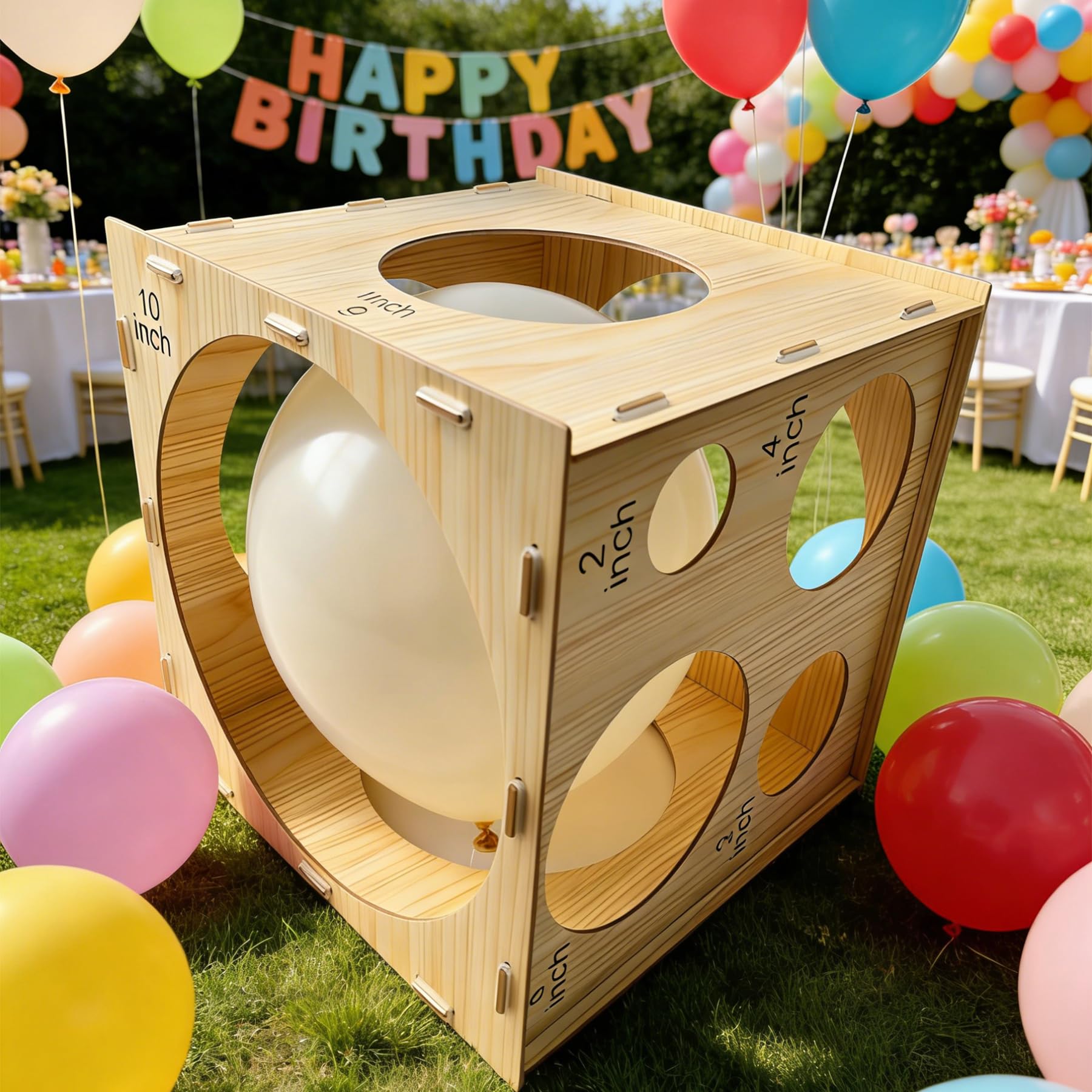 Scatola di misurazione per palloncini pieghevole in legno, strumento di misurazione per palloncini a 9 fori, per decorazioni di palloncini, kit per arco di palloncini (5-25 cm)