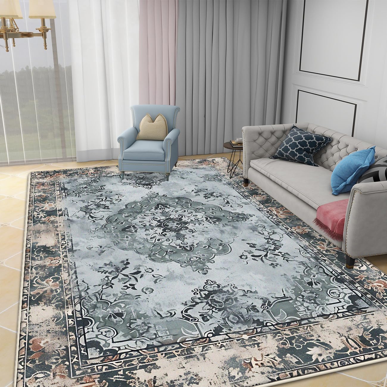 Tapis de salon bohème grand format 150x220 cm lavable et antidérapant