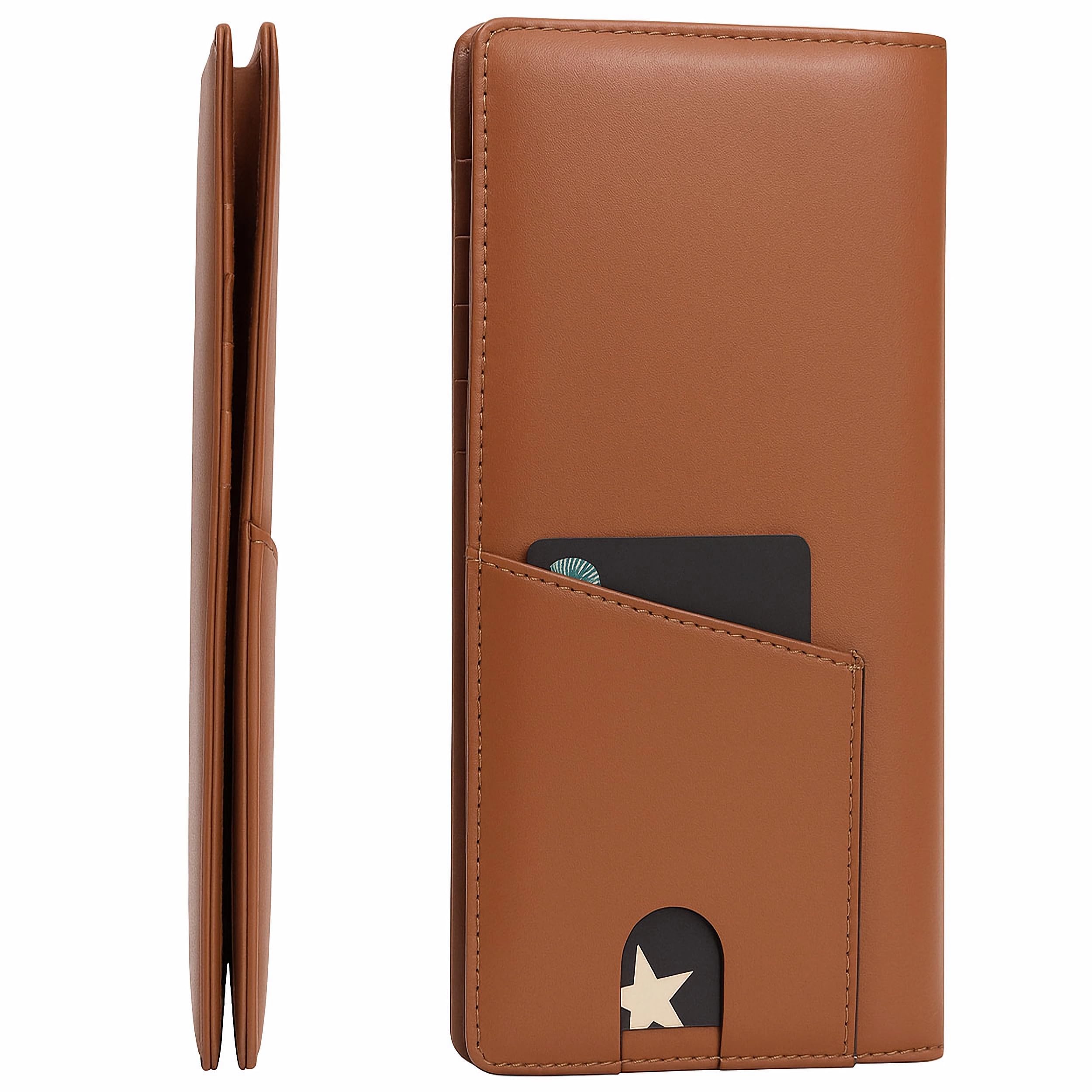 Alldaily Bifold Slim Long Wallet for Men RFID-Blocking Thin Card Holder with ID Window (Leather Brown)