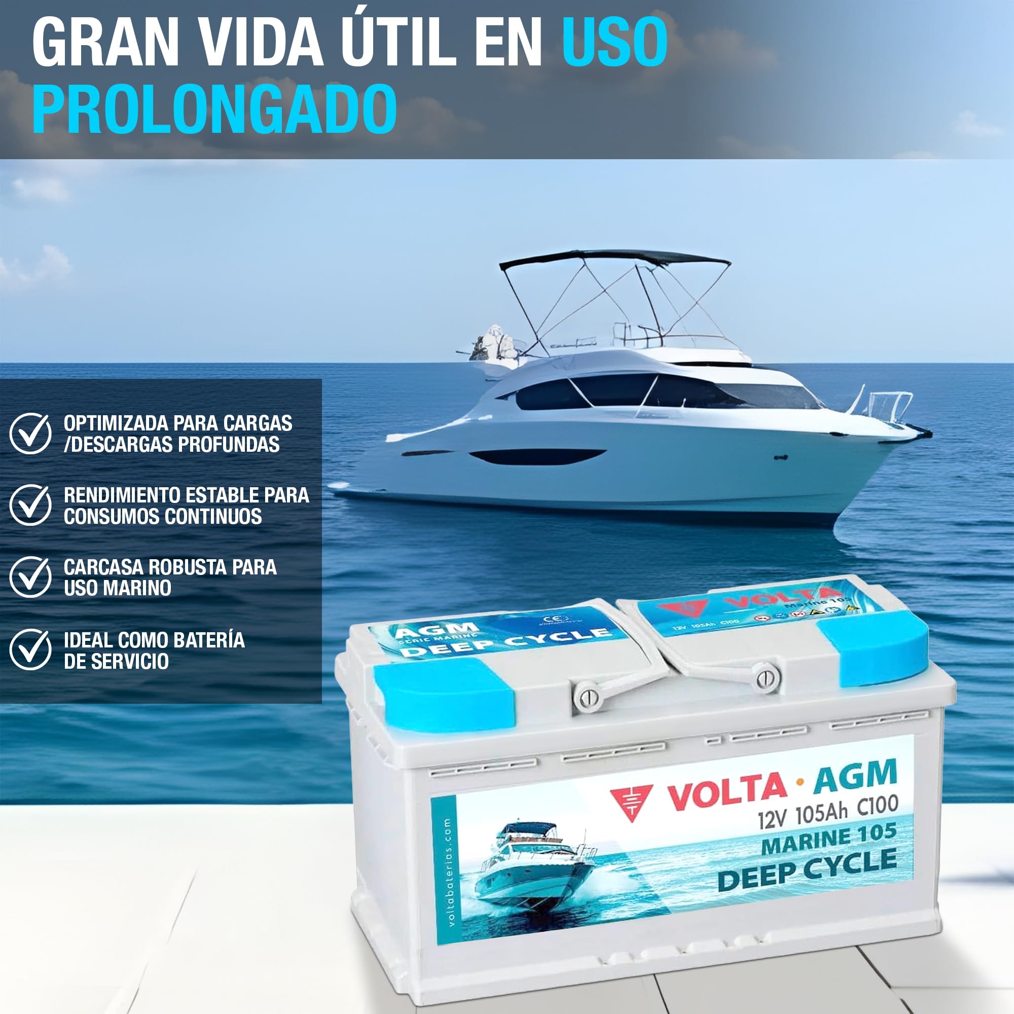 Batería para Barco Volta Marine 105, AGM 12V 105Ah, Especial Embarcaciones, Batería Barco 12v (AGM Deep Cycle) Gran Vida Útil, 353x175x190 mm, Fabricación Europea, Bateria Solar de Ciclo Profundo