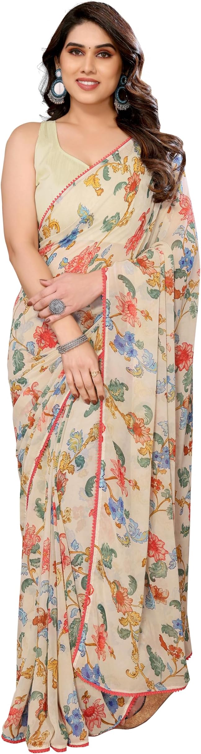 MOHIT CREATIONS Women's Party Wear Georgette Printed Border Ready To Wear Saree With Unstiched Blouse Piece