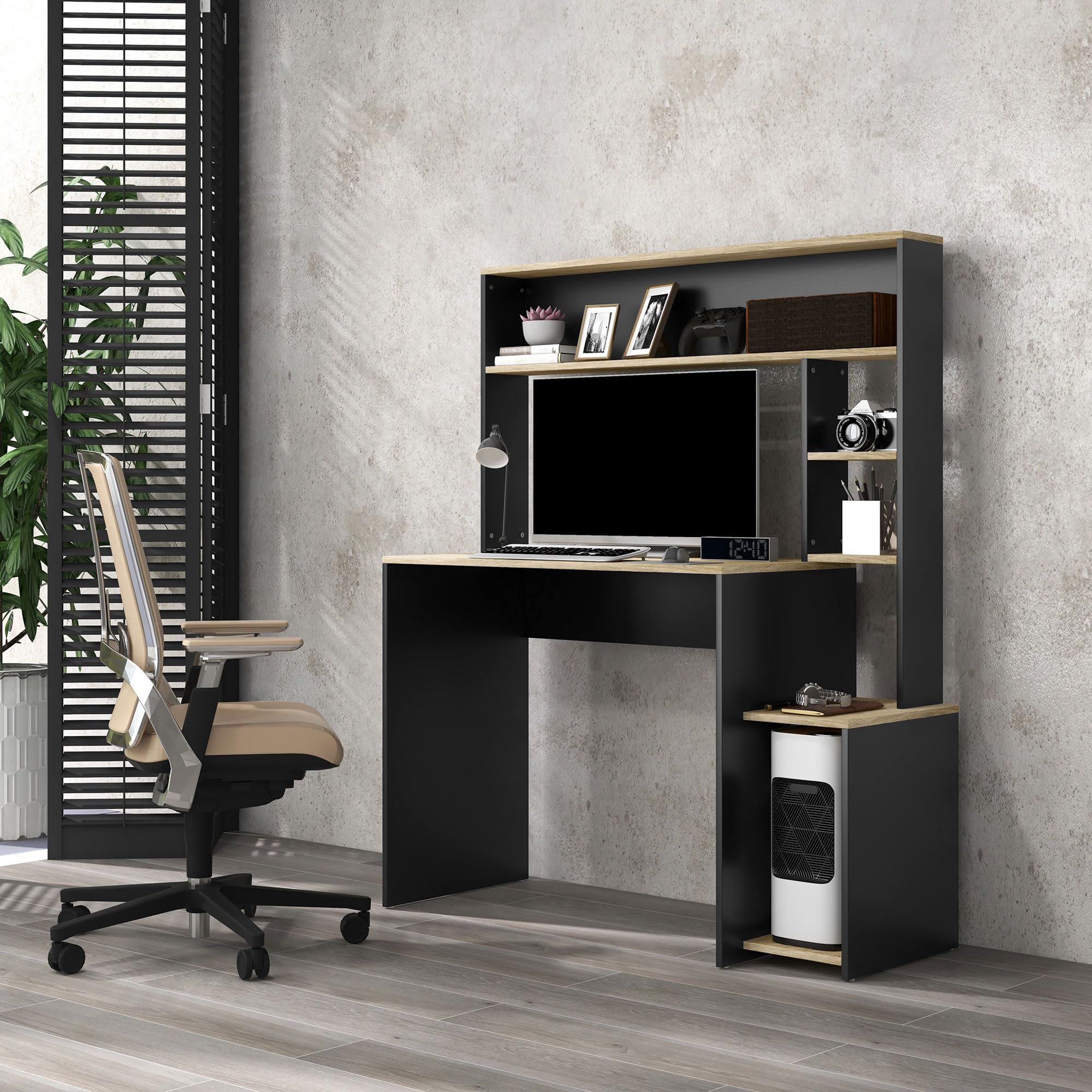 HOMCOM Scrivania per Ufficio e Studio con 3 Ripiani, Scrivania in Legno con Supporto per CPU, 114x45x138cm, Grigio e Legno Naturale