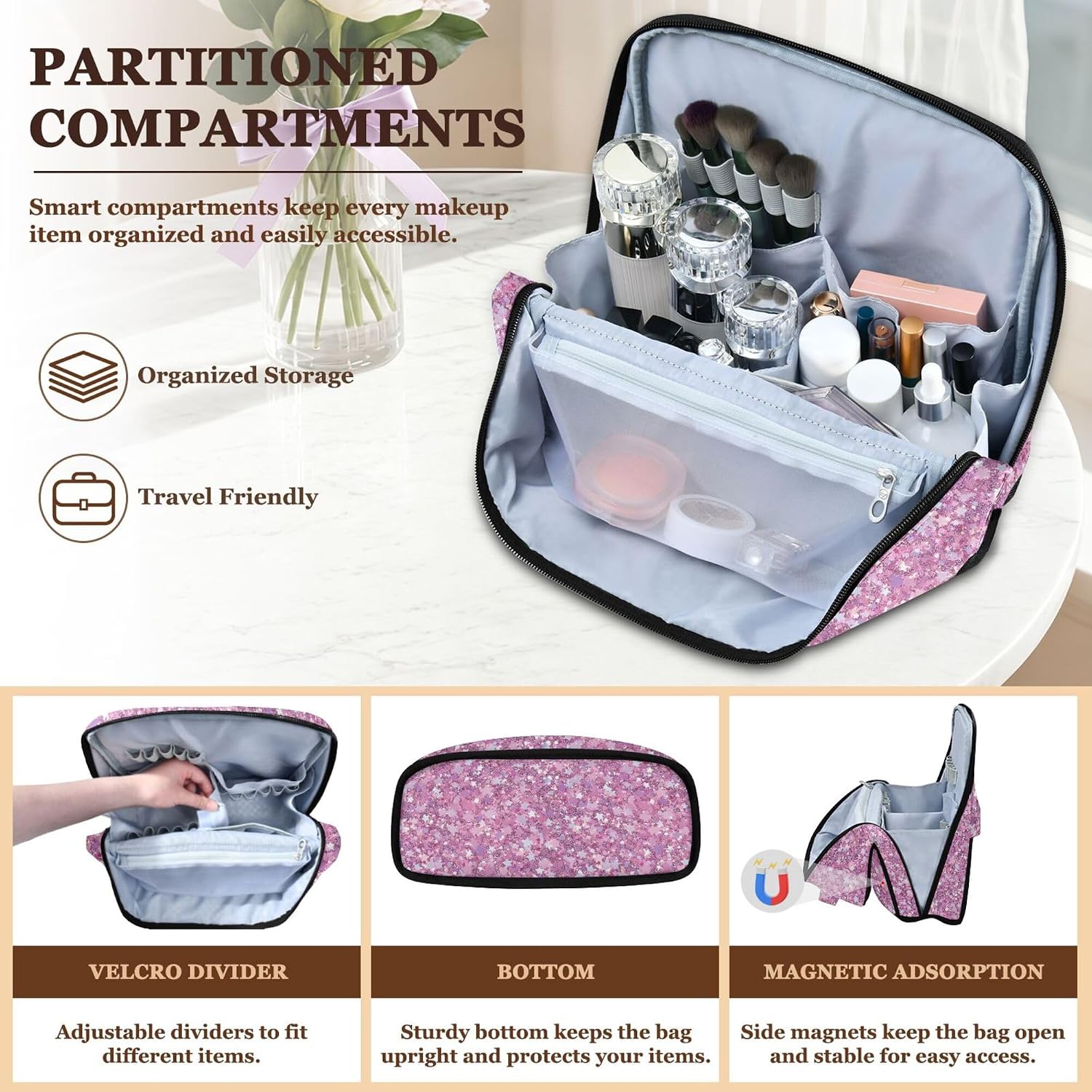 MNSRUU Travel Makeup Bag with Divider Brush Holder Pink Glitter image 2