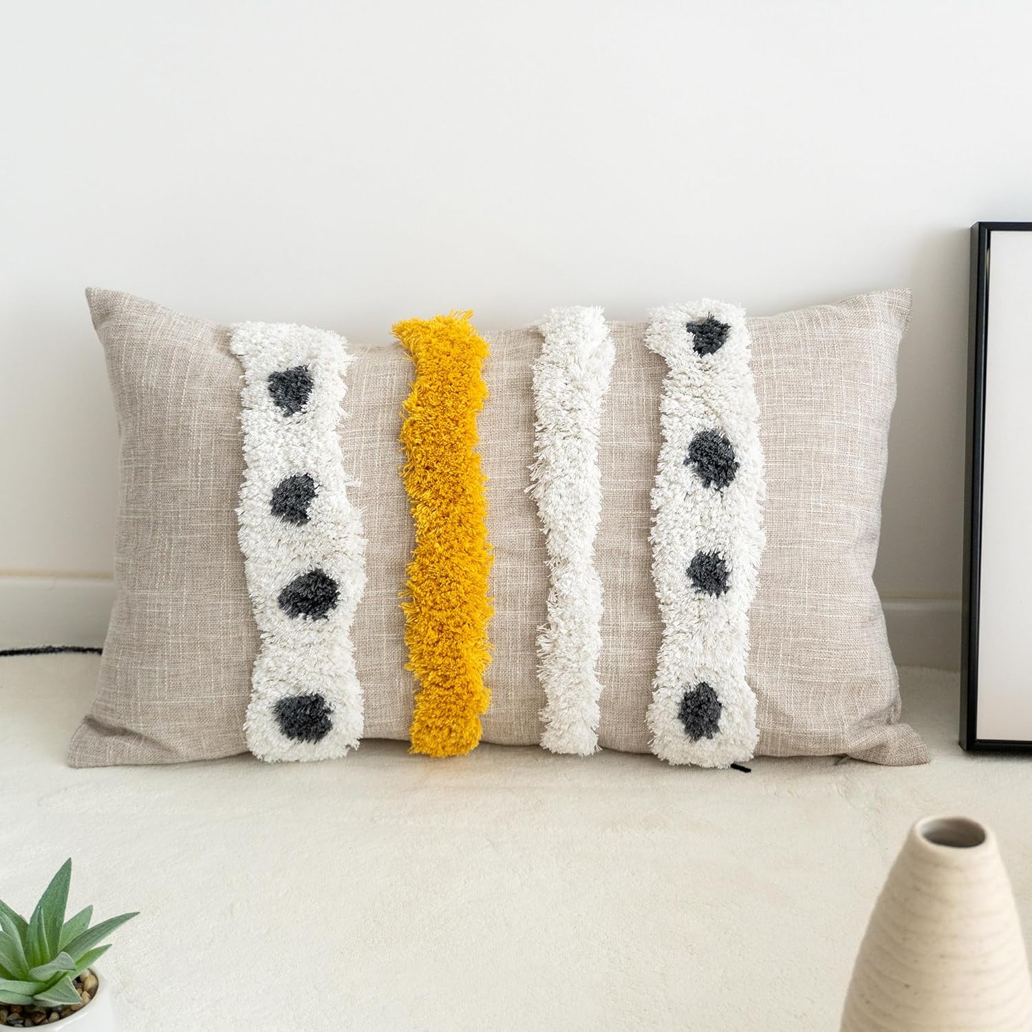 Boho Tufted Lumbar Throw Pillow Cover with Handwoven Stripes, Linen Cotton Simple Decorative Cushion Case for Couch Sofa, 1 PC (Beige Yellow, 12x20 inch) - Image 8