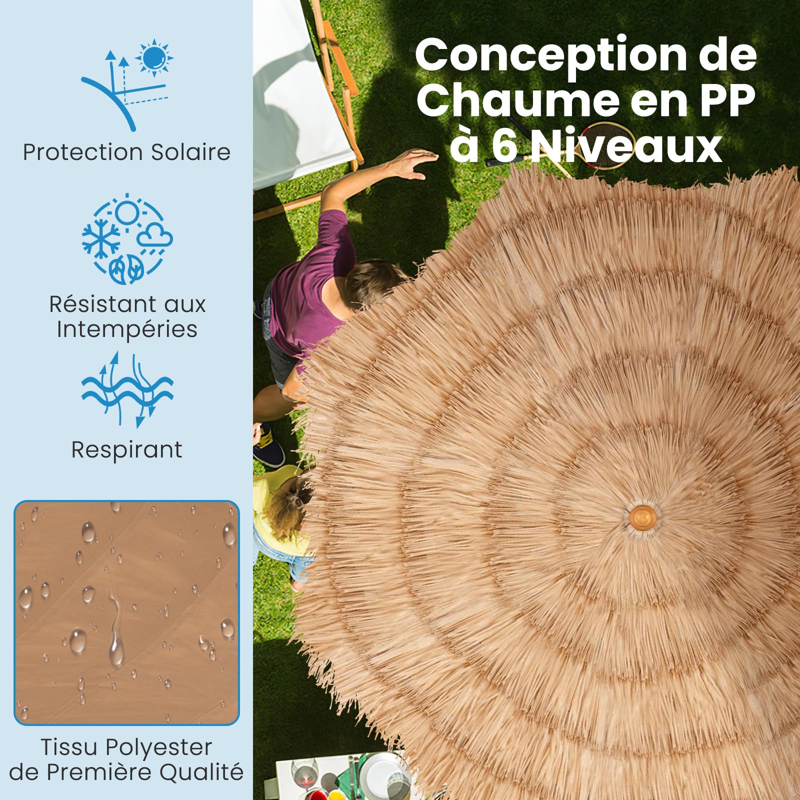 RELAX4LIFE Parasol Paille Φ200cm avec 8 Baleines
