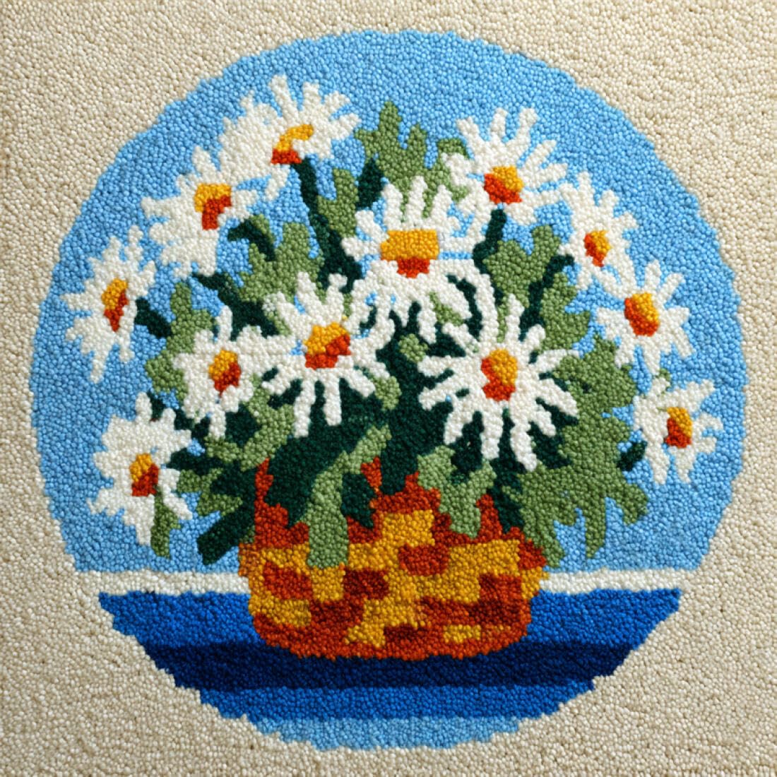 Rqwybcaxn DIY Rug Latch Hook Kits for Adults Needlework Kit Daisies in the Flower Basket 50x50cm Round Tapestry with Crochet Hook Living Room Craft Gift