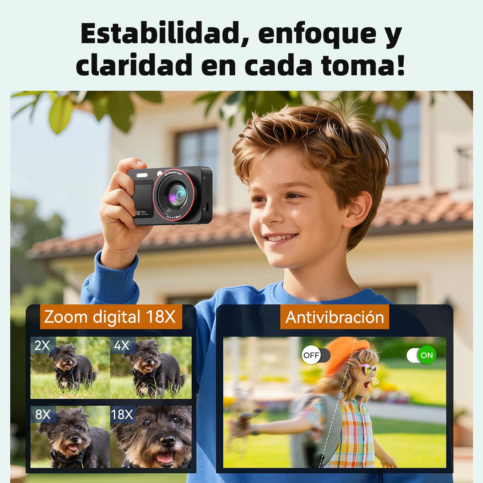 Cámara de Fotos Cámara Digital 4K 64MP, Cámara Digital Zoom 18X, Cámara Compacta con Tarjeta de 64GB y 2 Baterías, Recargable Compacta Portátil Cámara para Niños Principiantes, Negro