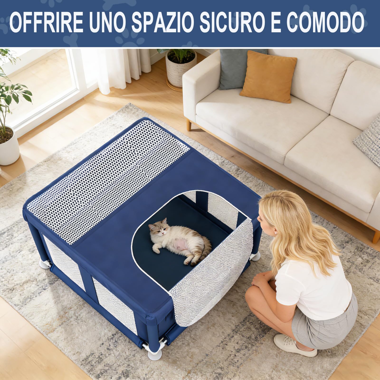 Parc pour Chiots, enclos pour Chiens de Petite Taille, Parc de sécurité pour Animaux de Compagnie avec Tissu renforcé, Filet en Nylon et Tubes en Acier Inoxydable (Blue, 90x90x66cm, 6)