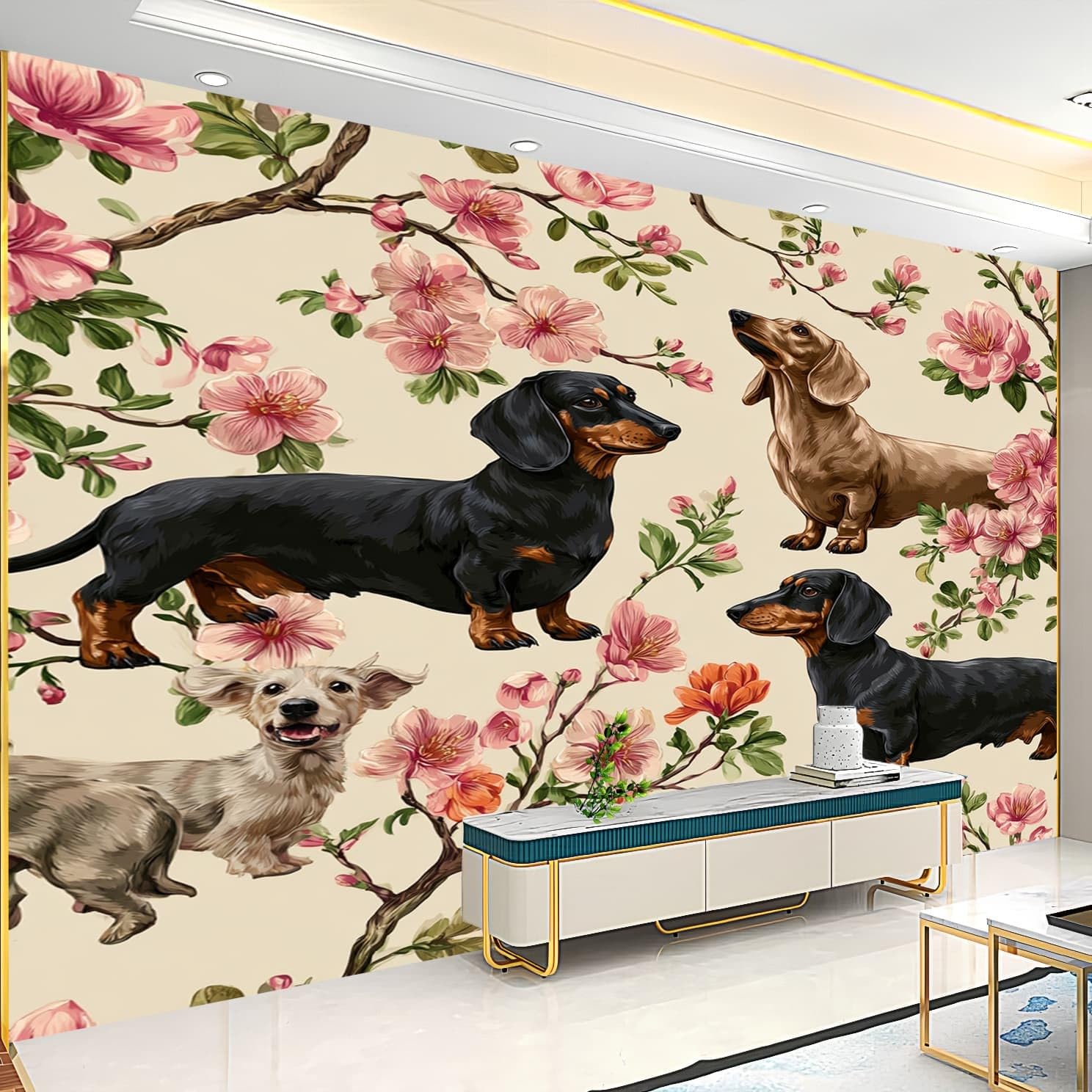 Fototapeta 3D włóknina 400 x 280 cm zwierzęta jamnik kwiaty tapeta plakat beżowy do domu biura sypialni gabinetu salonu