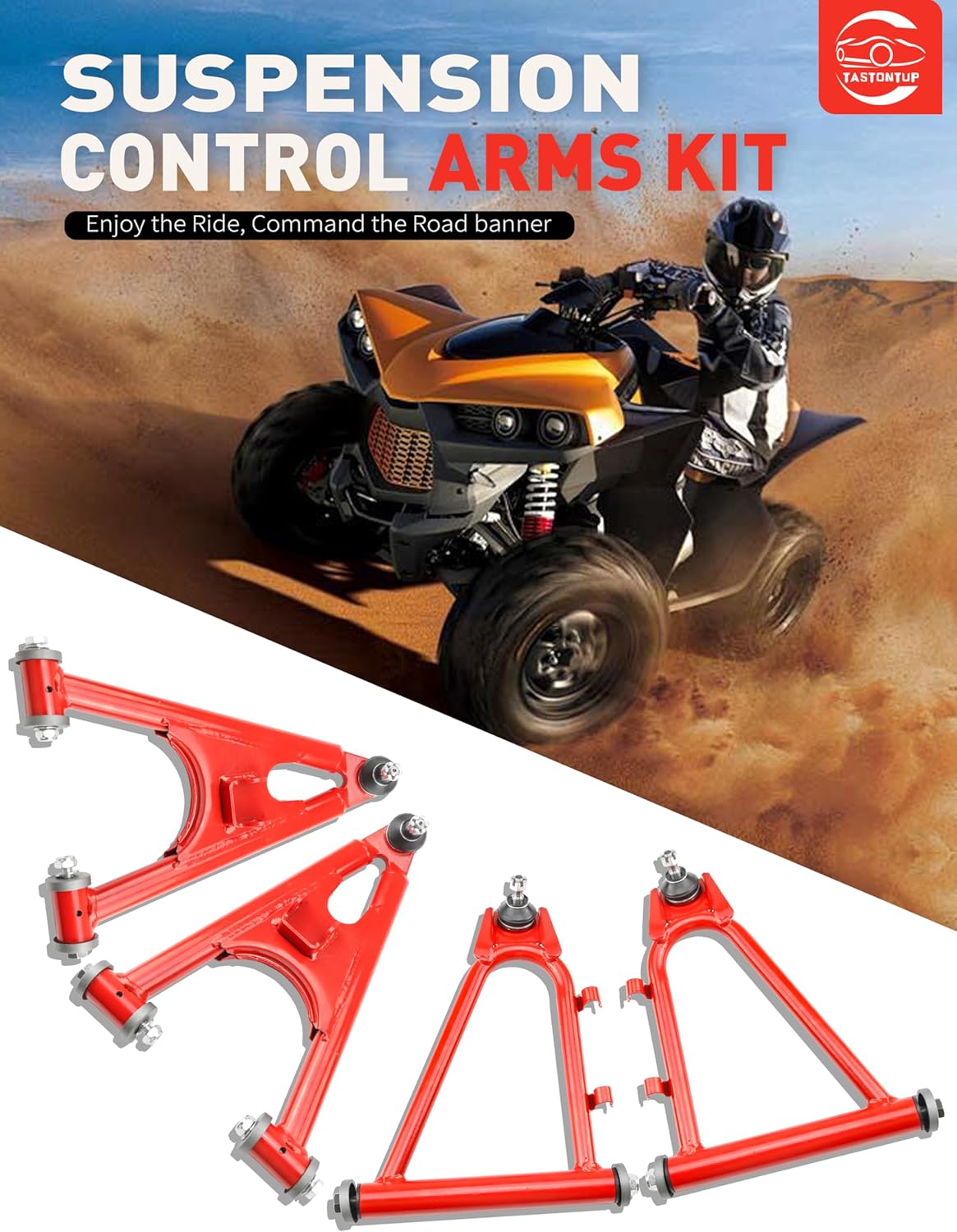 Front Upper & Lower A-Arms Kit for Yamaha Banshee 350 (YFZ350) 1987–2006, Steel Replacement Control Arms Set, Direct Bolt-On Front Suspension Arms, Red