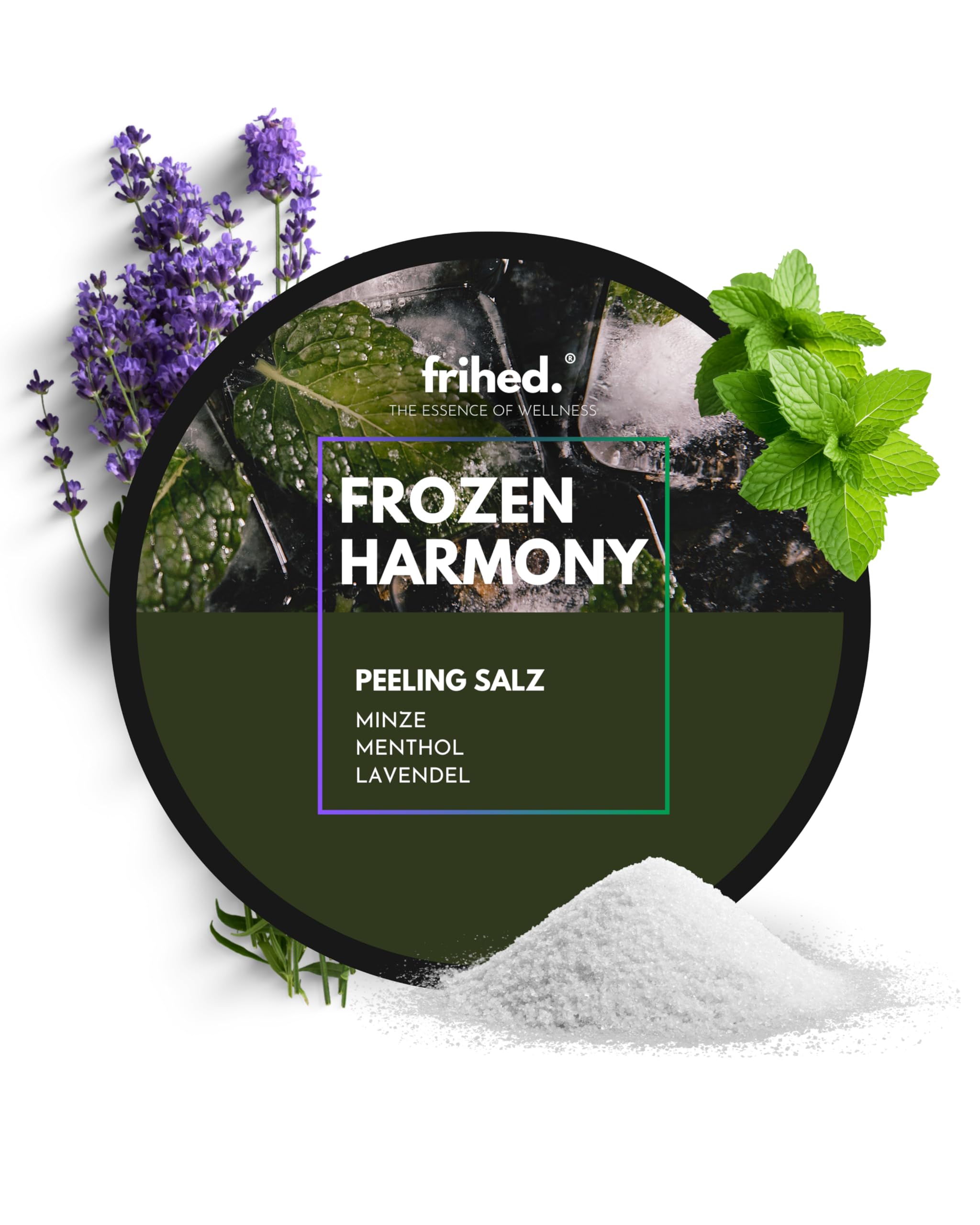 frihed.® Frozen Harmony Sel exfoliant de qualité supérieure avec parfum lavande, menthe et menthol, idéal après le sauna, la douche et le hammam – 200 g