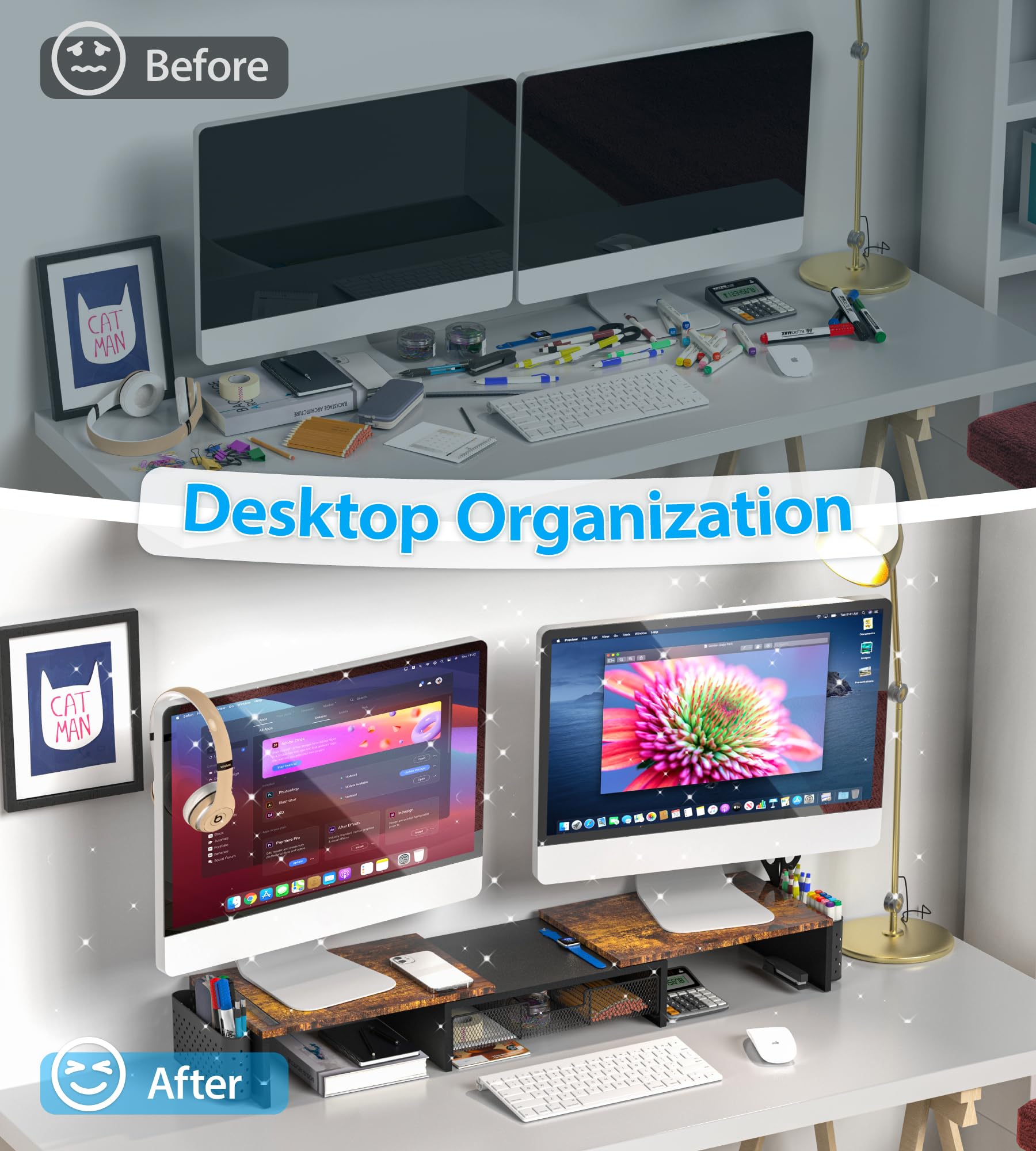 MOWETOO Support de Double Moniteur Réglable en Bois avec Tiroir et Porte-Stylos, Rangement Multifonction pour PC Portable, Ordinateur de Bureau et Imprimante