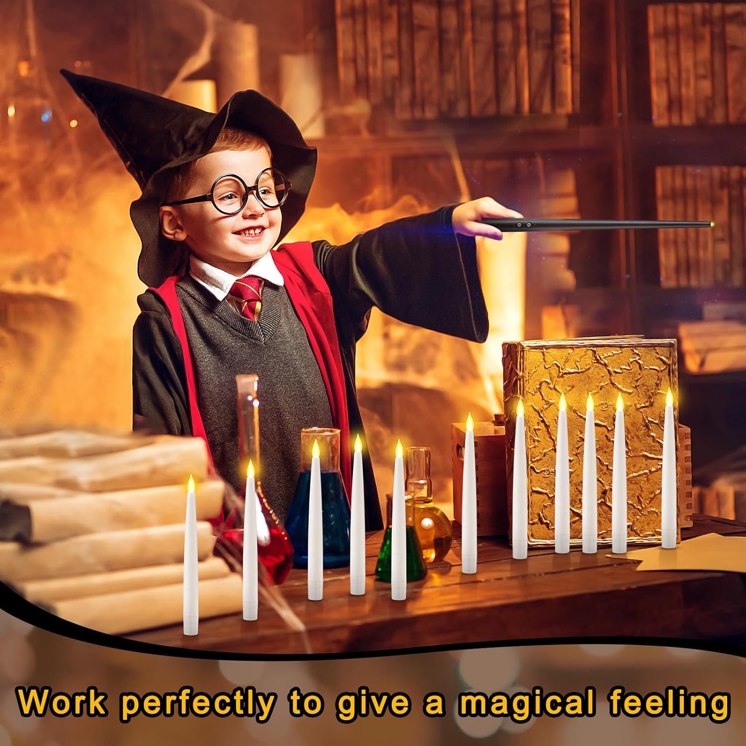 Retisee 40 Pcs Flameless Candles with Wand Halloween Decorations Floating Candles Remote Battery Operated LED Electric Window Candle Warm Light Flickering Decor for Halloween Party