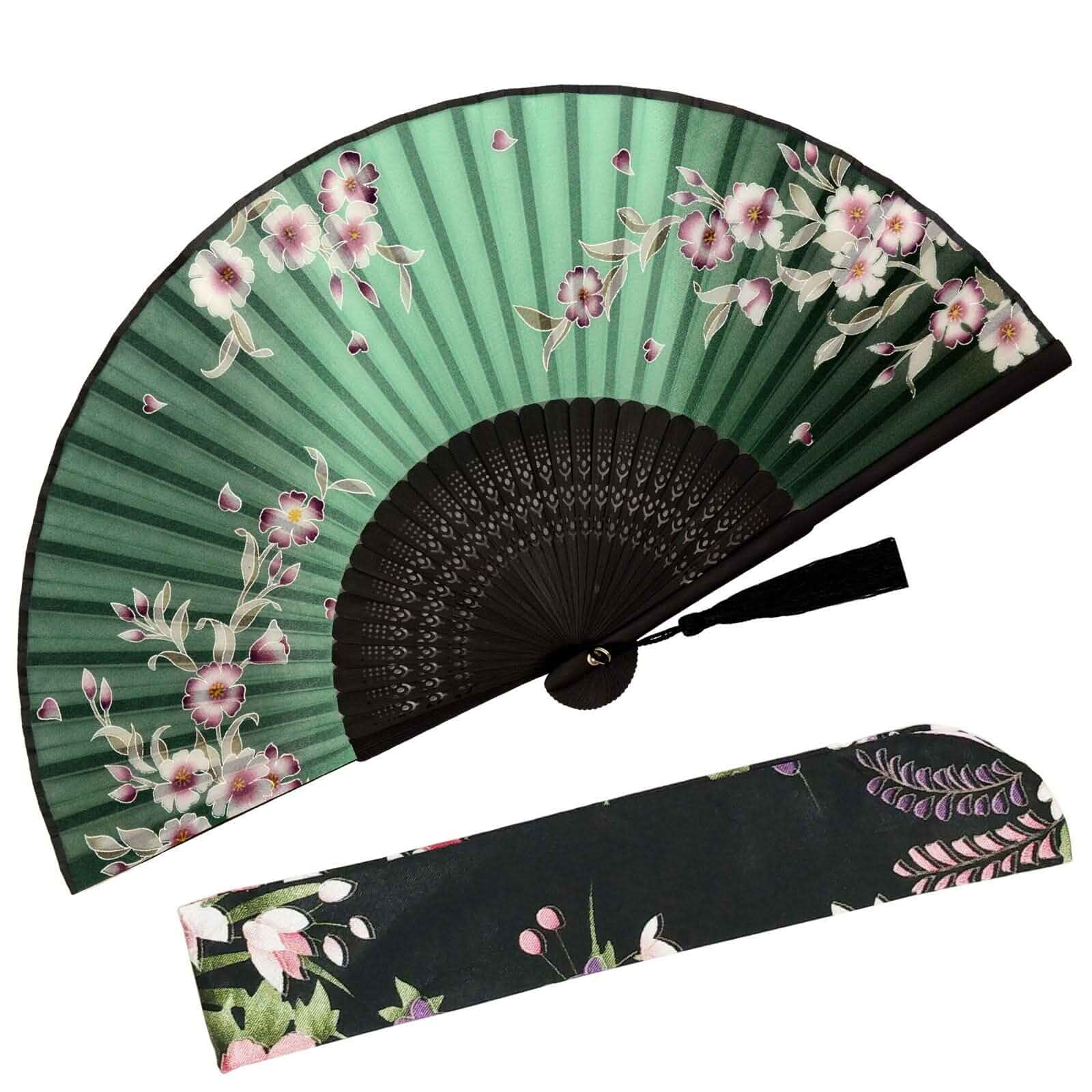 Zolee Small Folding Hand Fan - Chinese Japanese Vintage Bamboo Silk Fans - for Dance, Performance, Decoration, Wedding, Party, Gift (Redbud-Green) 0209
