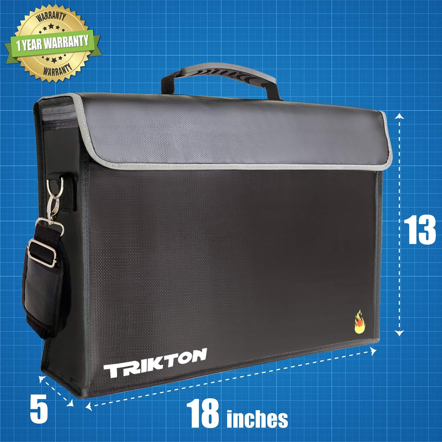 TRIKTON Super Extra Large 18x13x5 Fireproof Document Safe Bag with TSA-Lock, Holds Legal Size Files, XXL Black, Visible in The Dark, as Fireproof Document Box, Fire and Water Resistant