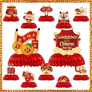 12 PCS Happy Chinese New Year Paper Table Honeycomb Centerpiece for New Years Eve Party Red and Gold Lunar New Year Decorations for Year of The Dragon
