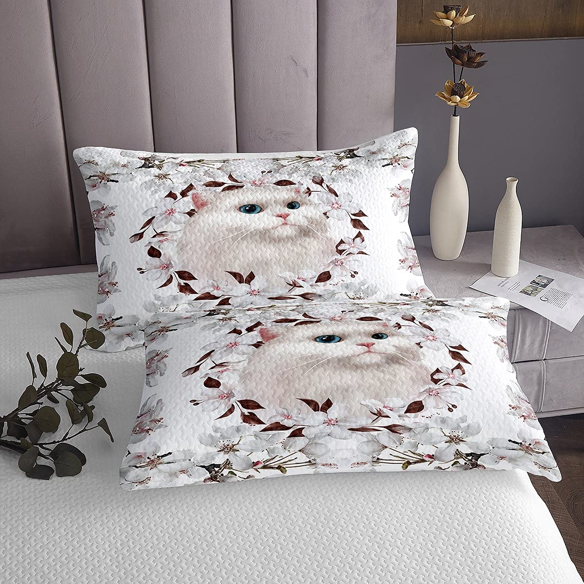 Linda colcha acolchada con diseño de gato, con flores de cerezo, para niños, niñas, adolescentes, floral, para mascotas, gatos, juego de ropa de cama de regalo para amantes de los gatos, tamaño King