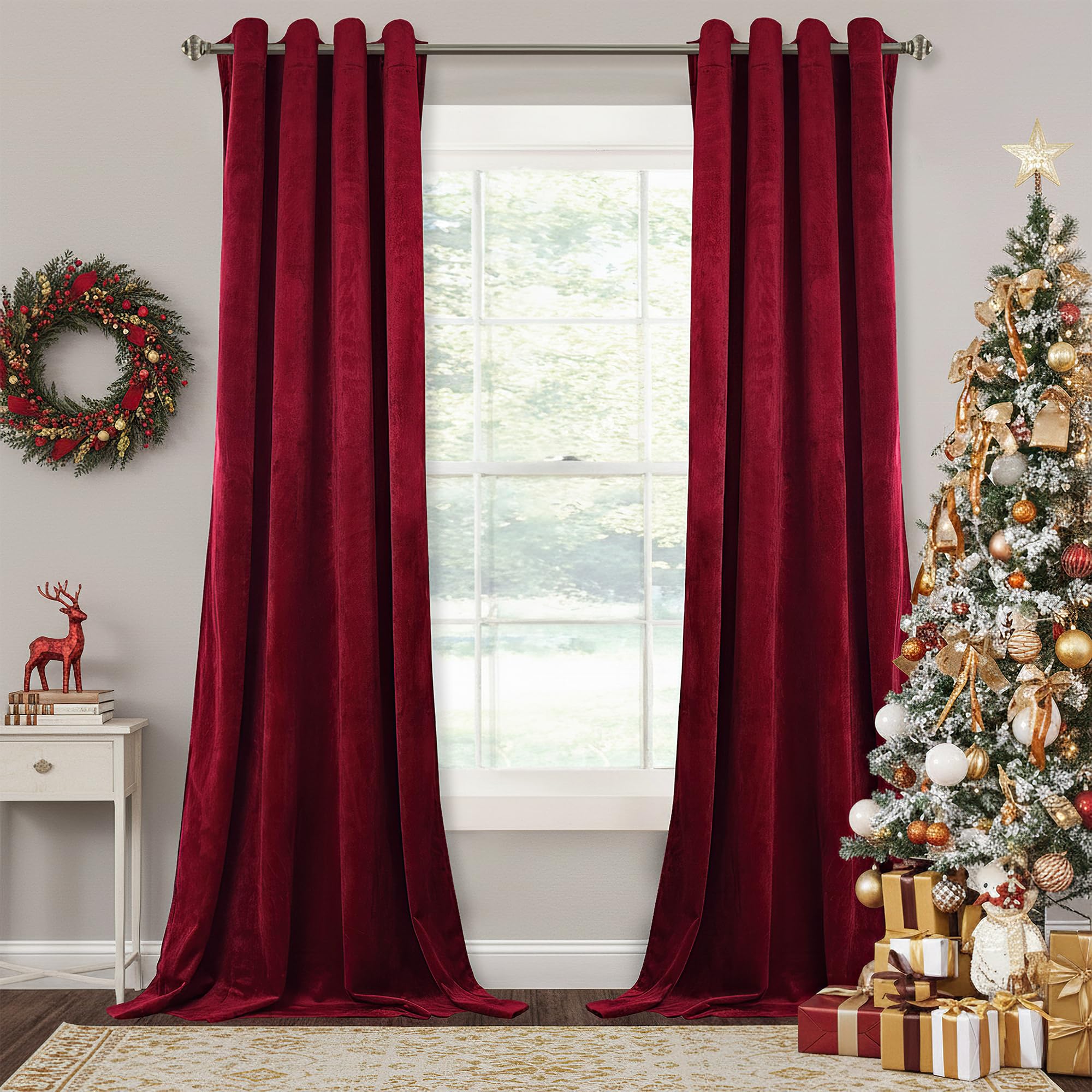 StangH 108-inch Long Velvet Curtains - Luxurious Velvet Fabric Room Darkening Draperies Decorative Large Backdrops for Home Theater/Sliding Glass Door, Red, W52 x L108 inches, 2 Panels