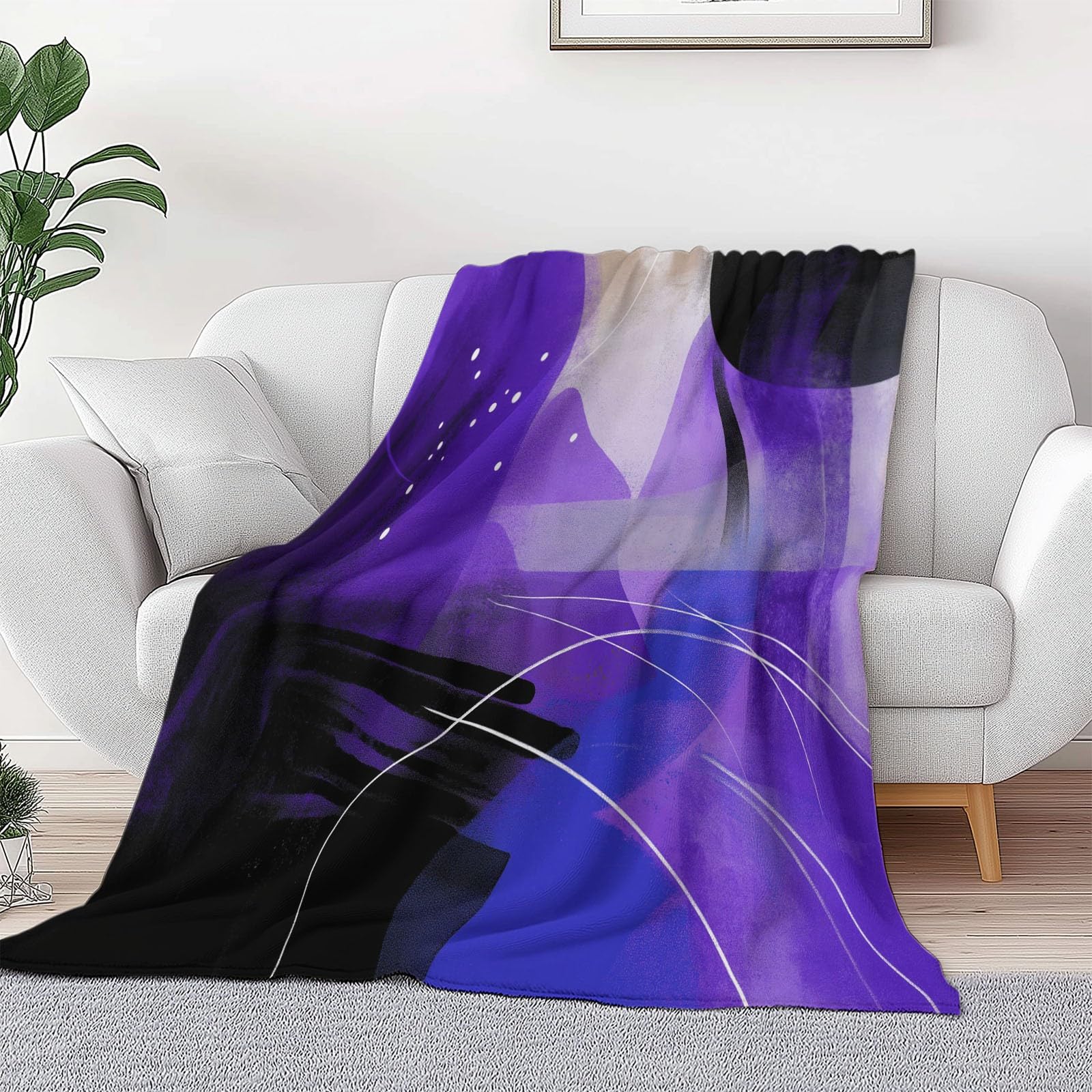 Koc flanelowy można prać w pralce 180 x 220 cm, miękki i ciepły, przytulny realizm lekki abstrakcyjny fioletowy i czarny koc dekoracyjny w paski geometria do łóżka sofy i pokoju dziecięcego
