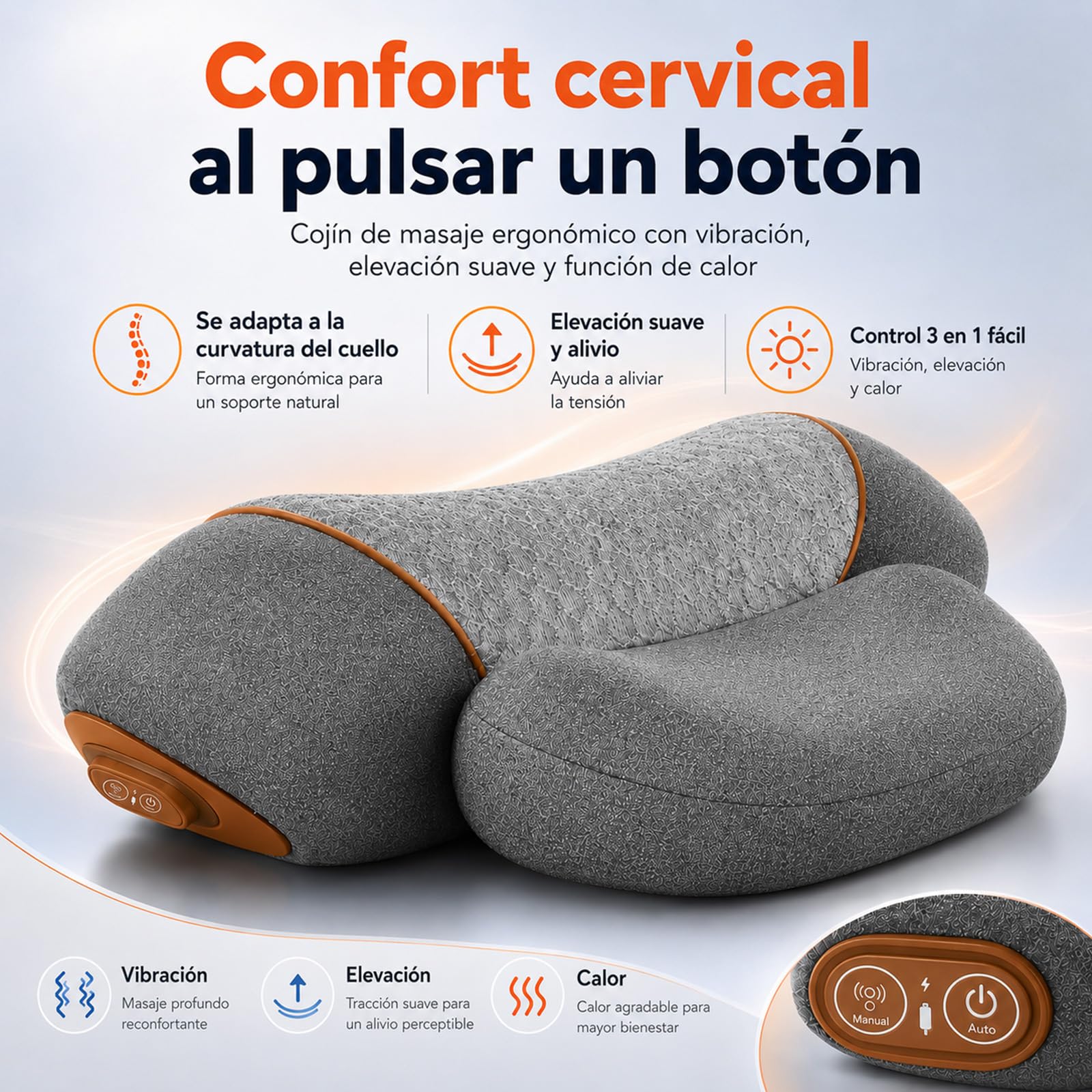 Cerviflex Almohada Cervical, Cerviflex Almohada Cervical Masaje 3 en 1, Masajeadora con Calor, Cervicales y Cuello con Vibración, Elevación Ajustable y 3 Modos (Gris)