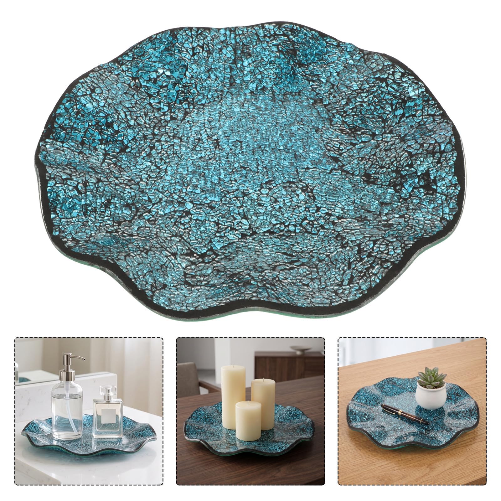 TEHAUX Vassoio Decorativo Rotondo in Vetro Mosaico Specchiato Blu 11,6