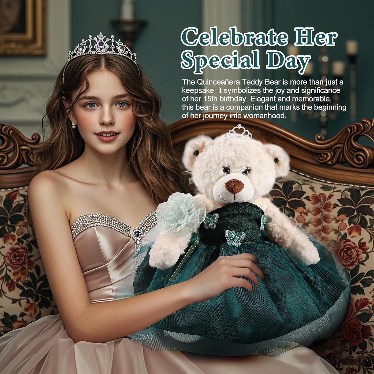 Quinceanera Doll Quince Teddy Bear with Dress,Quinceanera Decorations Gifts,Centro De Mesa Muñecas para 15 Años Quinceañeras (Emerald Green)