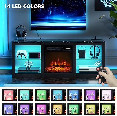 Miniatura 6 de Soporte de TV de 58 pulgadas con chimenea de 18 pulgadas, centro de entretenimiento con luz LED para TV de 65 pulgadas, gabinete de TV negro con