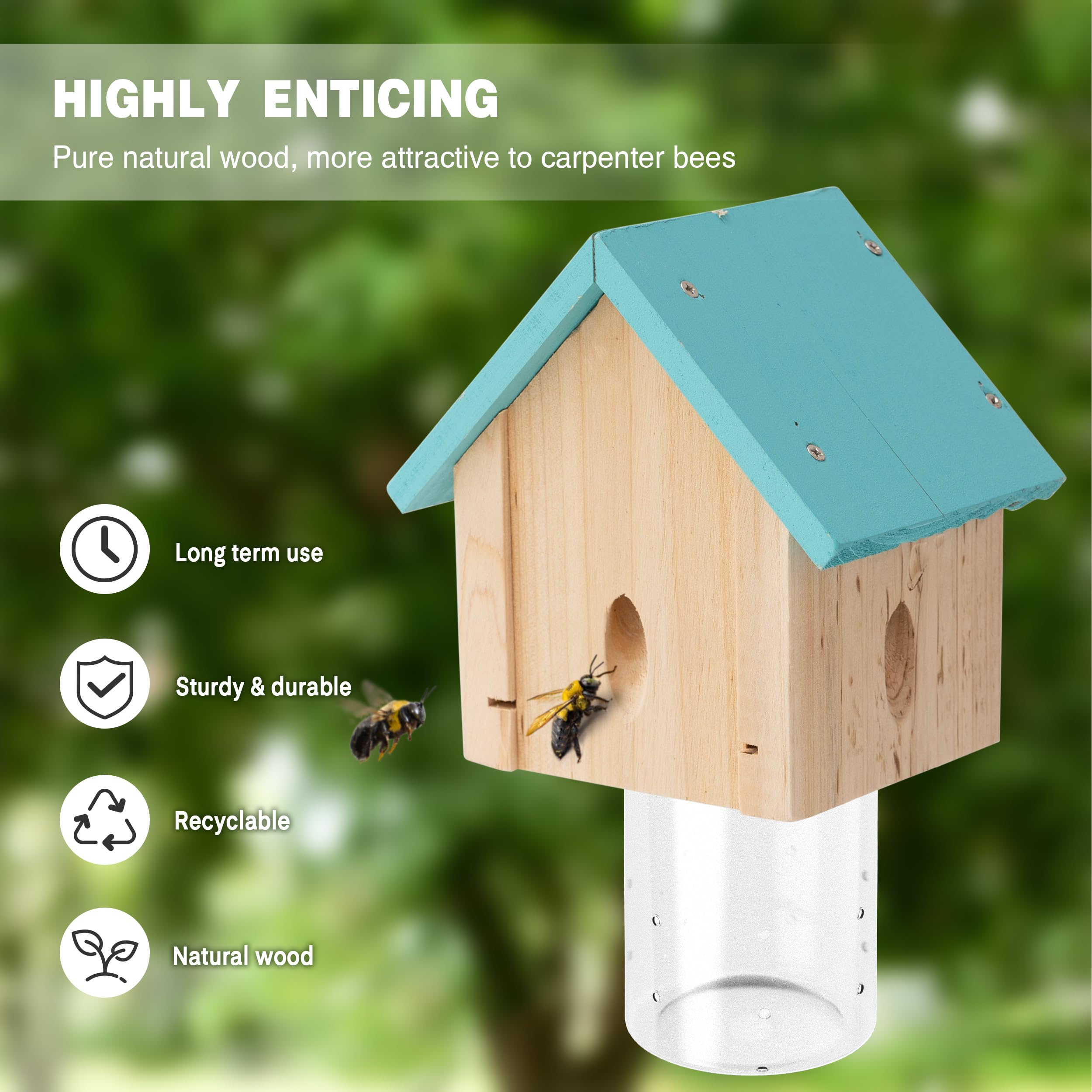 Pułapka na pszczoły stolarskie na zewnątrz - Best Bee Trap - niebieska kabina styl natura wiszące drewniane pułapki na pszczoły na zewnątrz - pułapki na owady ze zdejmowanym sklepieniem (4 sztuki)