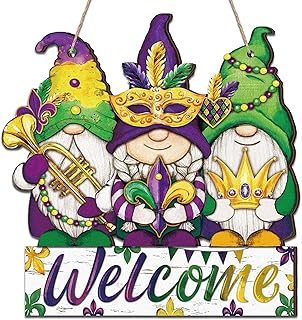 Berlune Mardi Gras Front Door Decoration Wooden Welcome Sign Carnival Gnome Wreath Farmhouse Mardi Gras Door Hanger Rustic Purple Yellow Green Mardi Gras Decor for Door Porch Wall(Carnival Style)