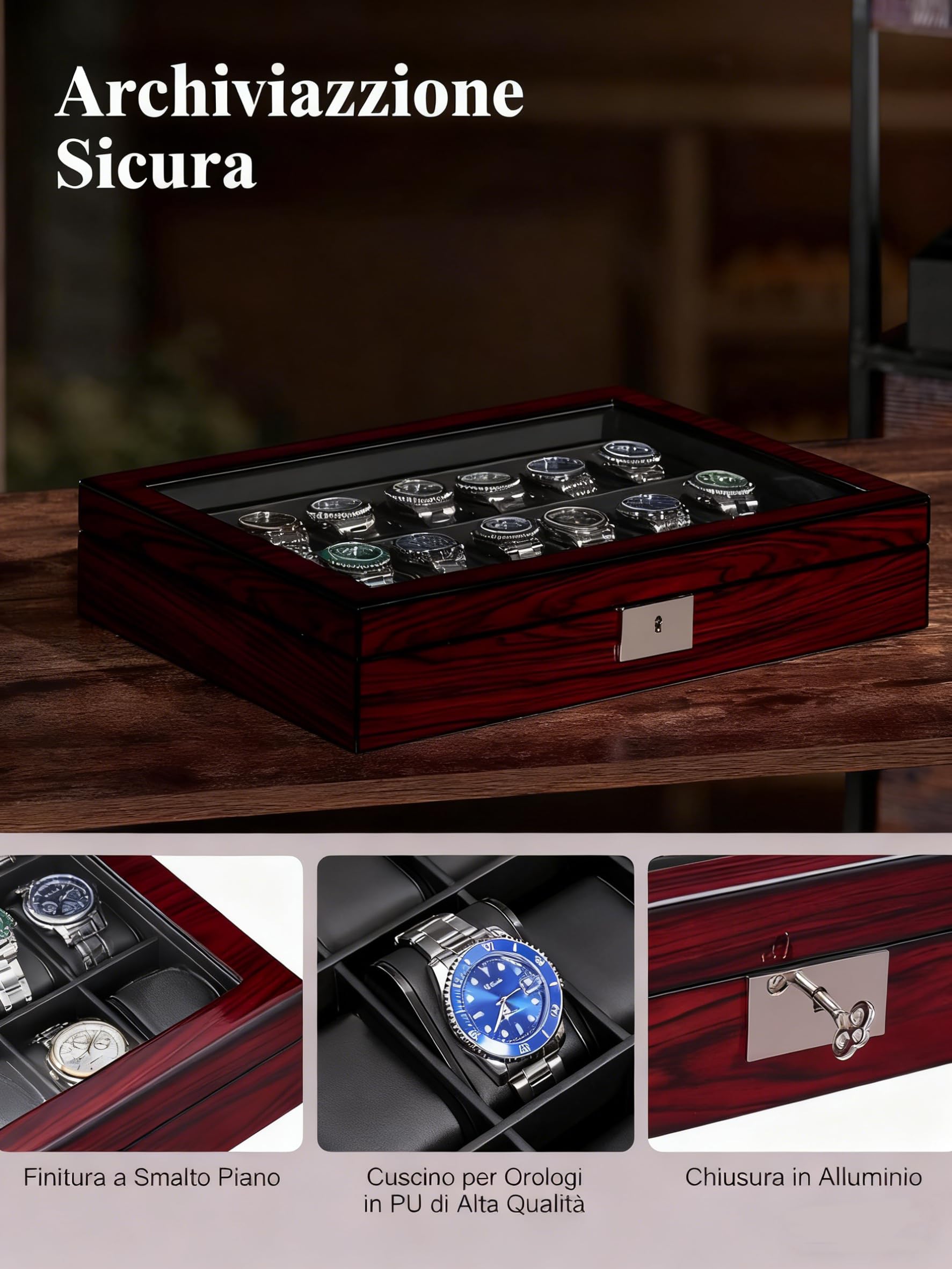 ANWBROAD Porta Orologi Uomo 21 scomparti Scatola Porta Orologi Uomo con Coperchio in Vetro Grande con Serratura Organizer per Orologi Regalo di Lusso JWB004Y