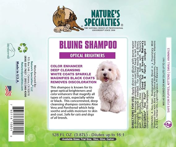 Nature's Specialties Bluing Ultra Concentrated Dog Shampoo for Pets, Makes up to 2 Gallons, Natural Choice for Professional Groomers, Optical Brightener, Made in USA, 16 oz