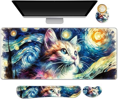 Miniatura 27 de Juego de alfombrilla de mouse grande para juegos, 4 en 1, alfombrilla de escritorio extendida para teclado con reposamuñecas, juego de alfombrilla